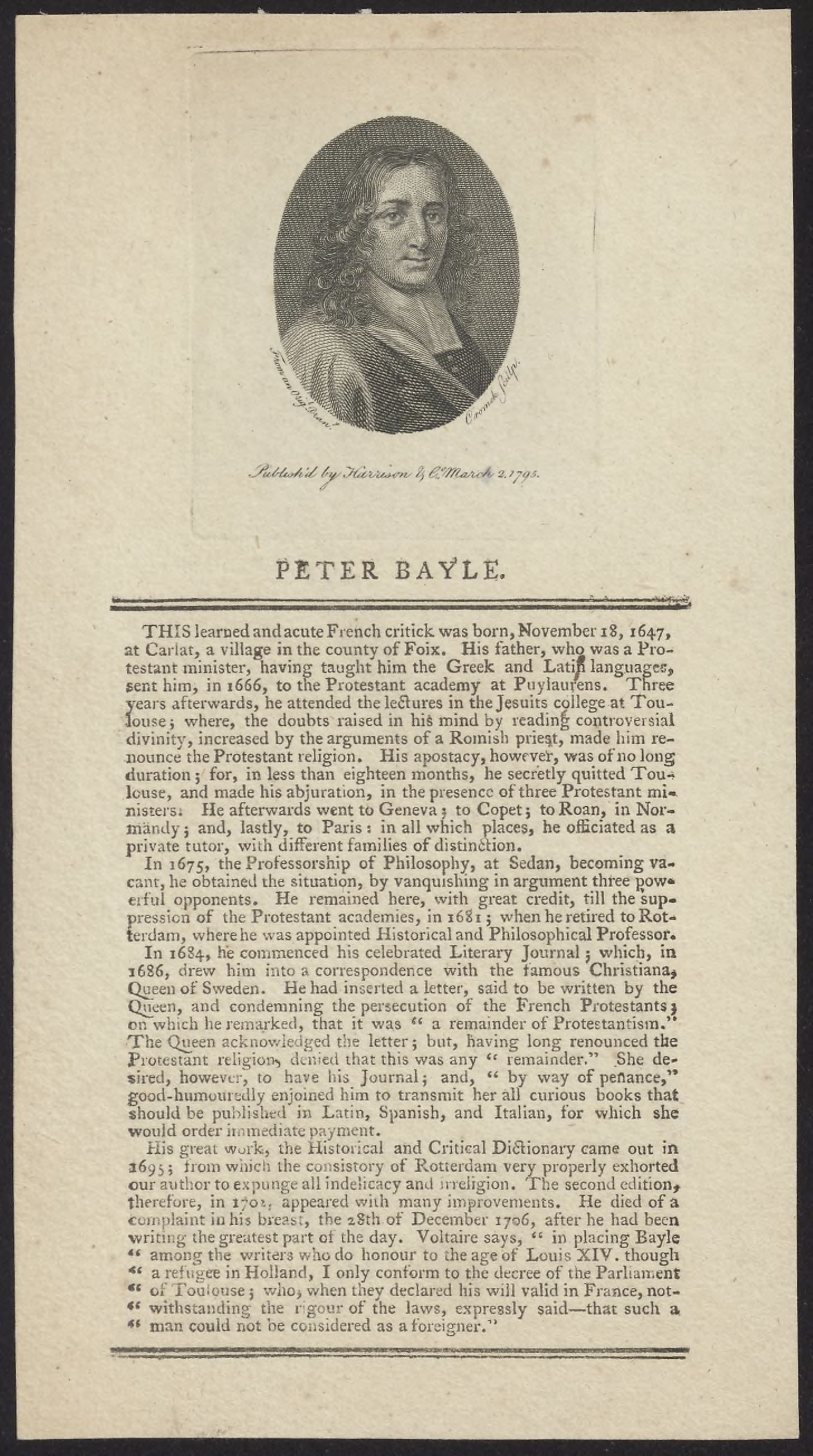 Portrait and short biography of Pierre Bayle