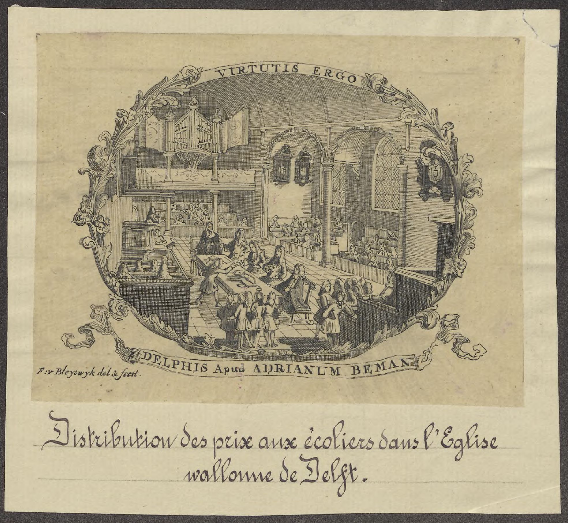 Illustration representing the presentation of prizes to pupils in a church