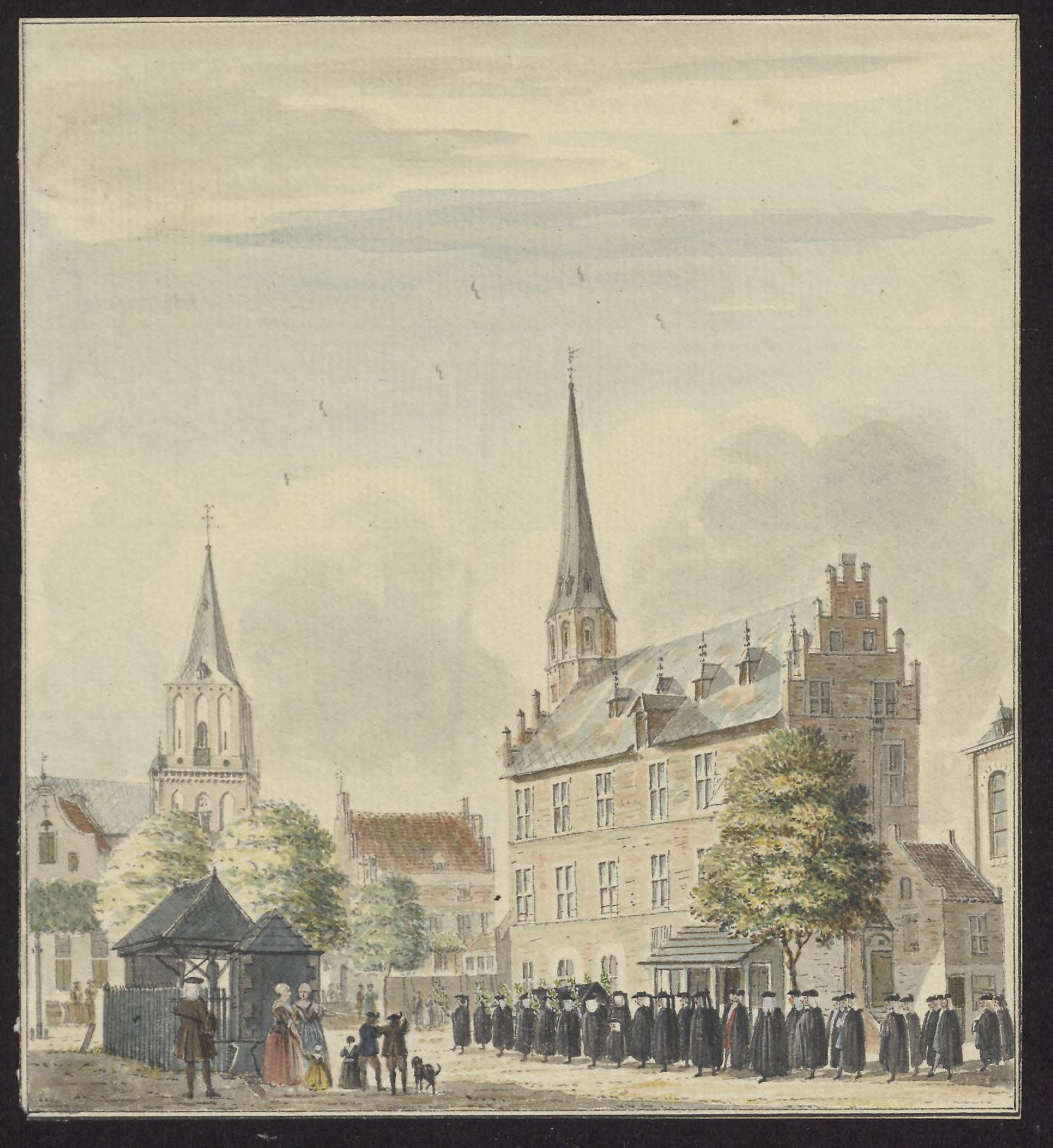 View of a processession in front of a town hall, with a church in the bakground