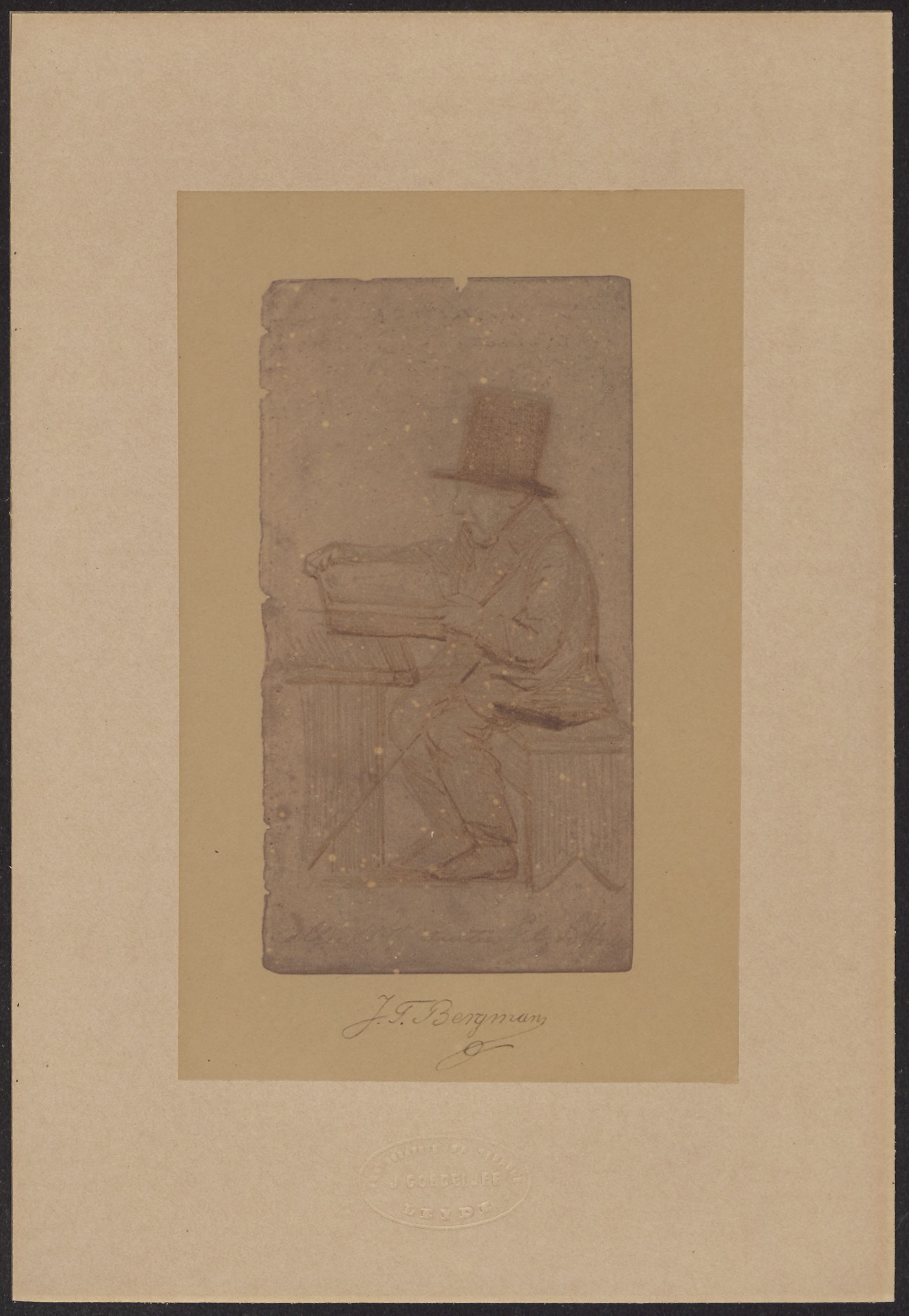 Drawing of a sitting man holding a container (J.F. Bergman)