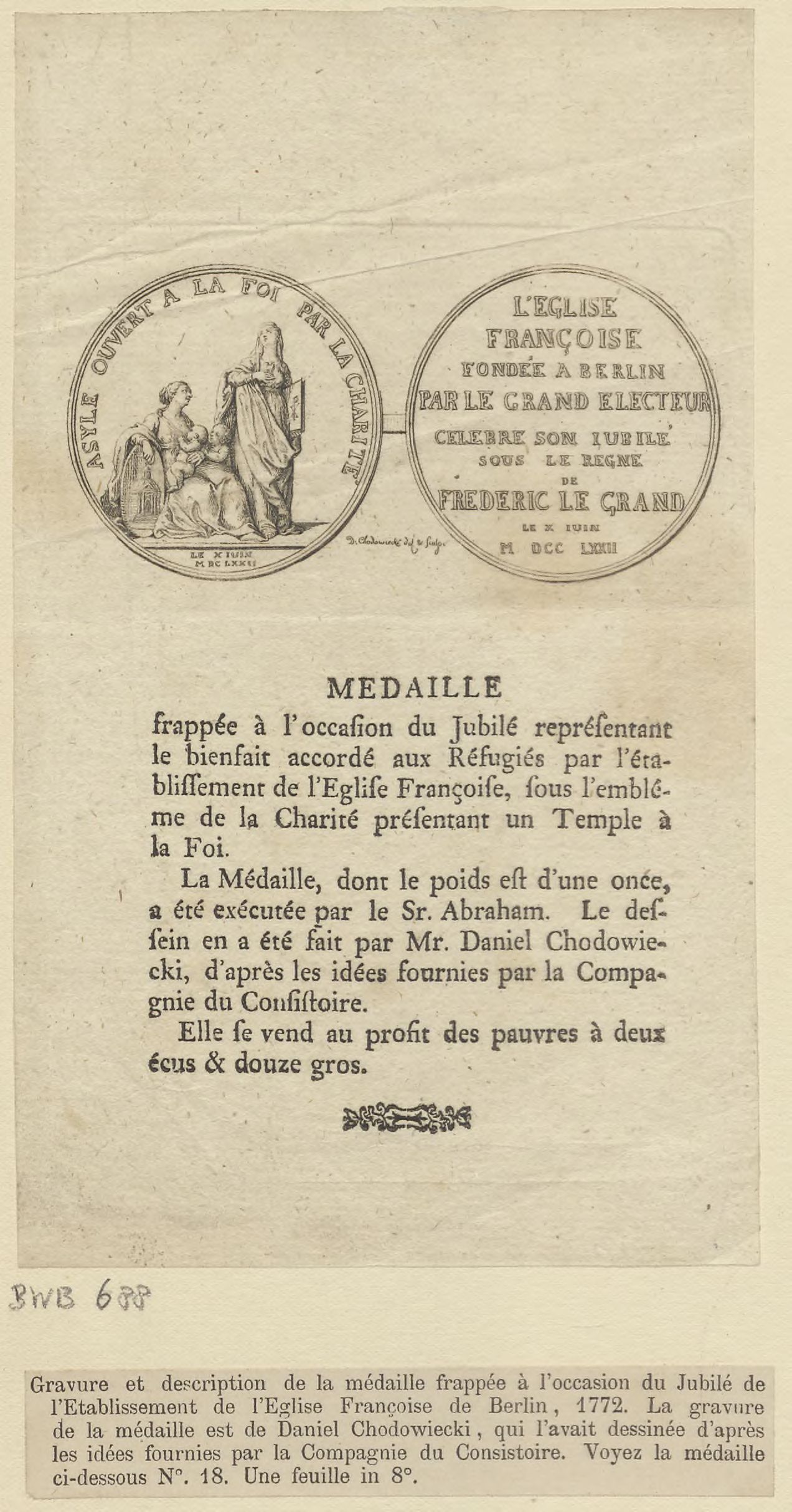 Depiction of a medal with description; Establishment of the French church in Berlin, 1772