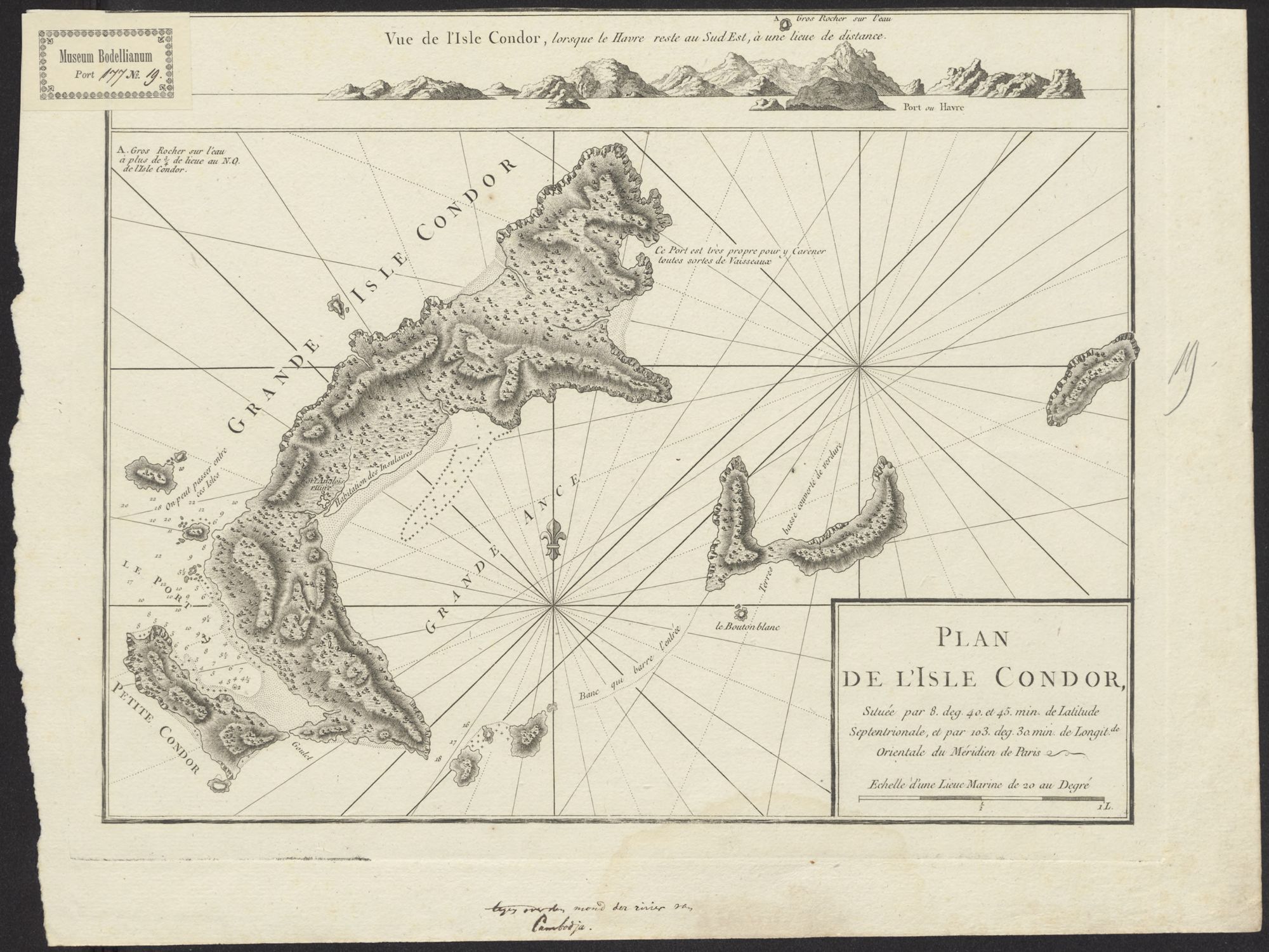 Plan de L'Isle Condor: Située par 8 deg. 40. et 45. min. de latitude Septentrionale, et par 103. deg. 30 min. de longit.de Orientale du Merdien de Paris