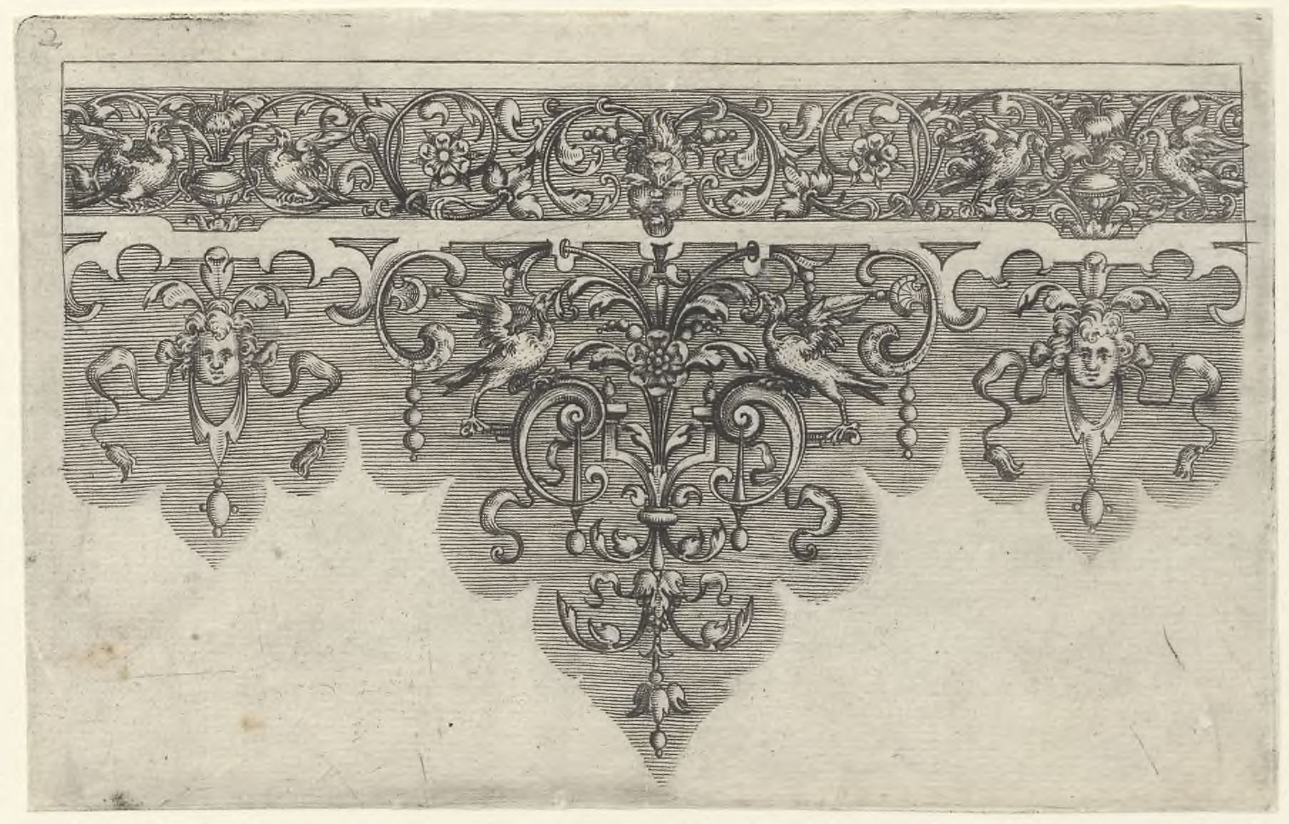Ornamental border with mascarons and birds