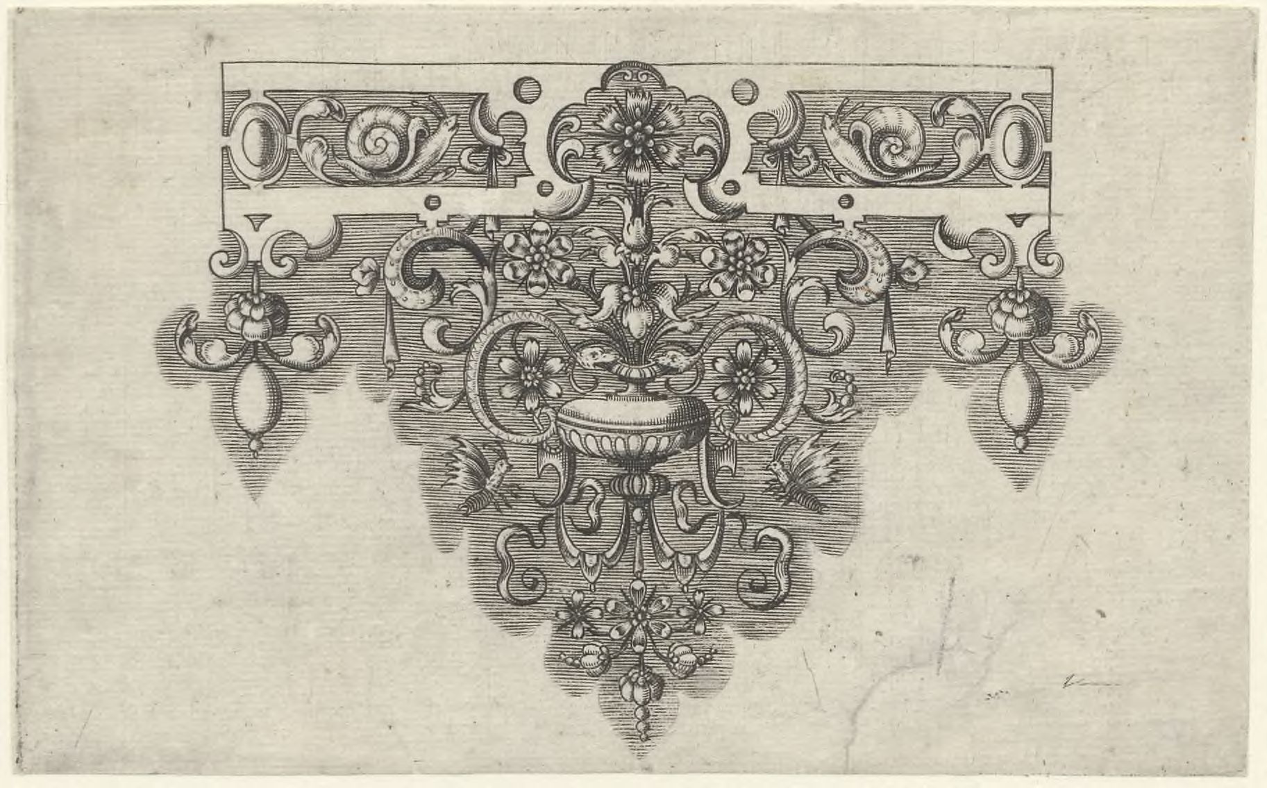 Ornamental border with a vase and insects