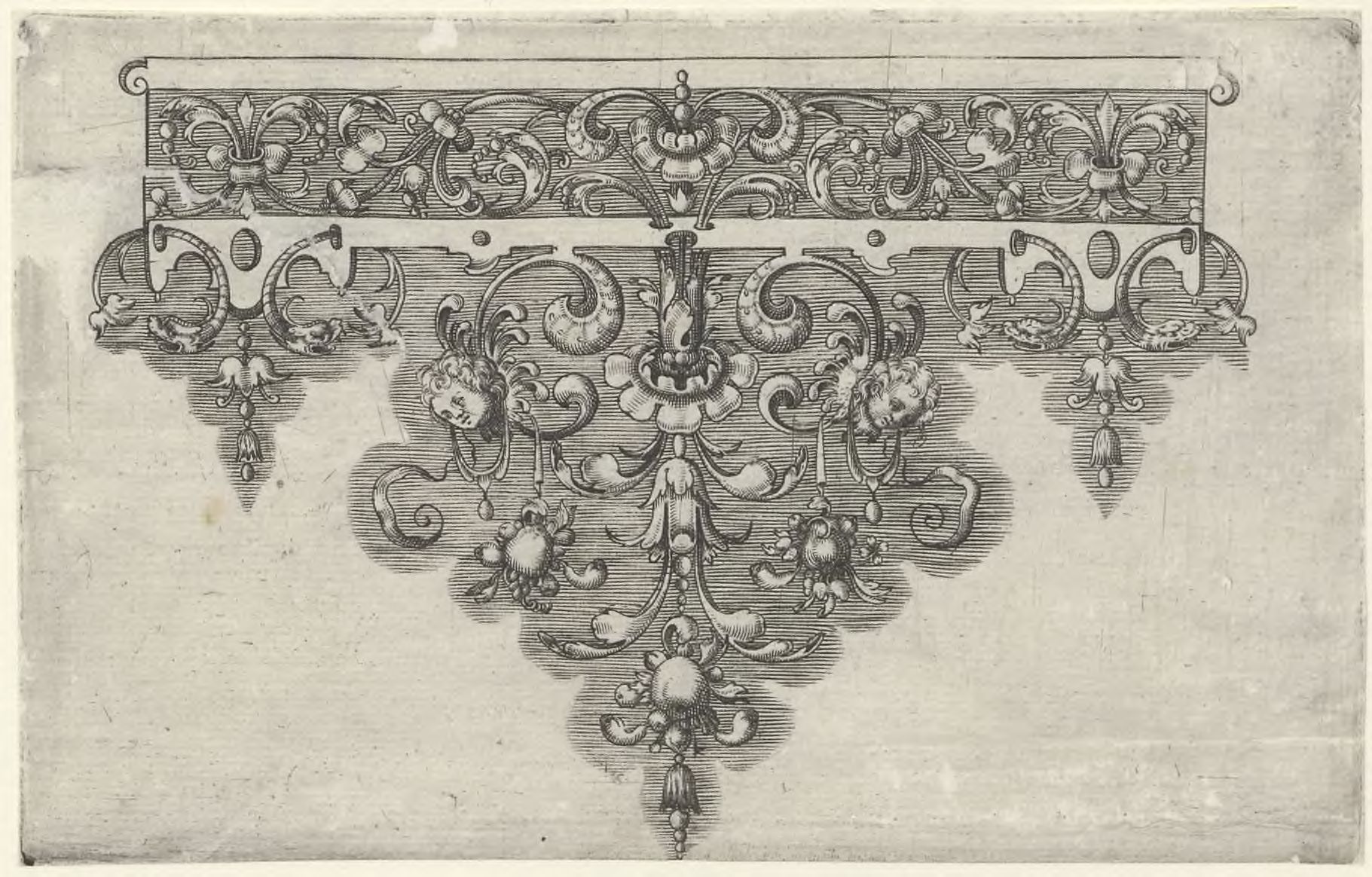 Ornamental border with mascarons and flowers