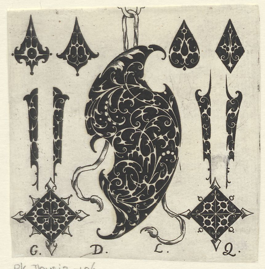 Jewelry designs in blackwork: S-shaped shield surrounded by ten smaller ornaments