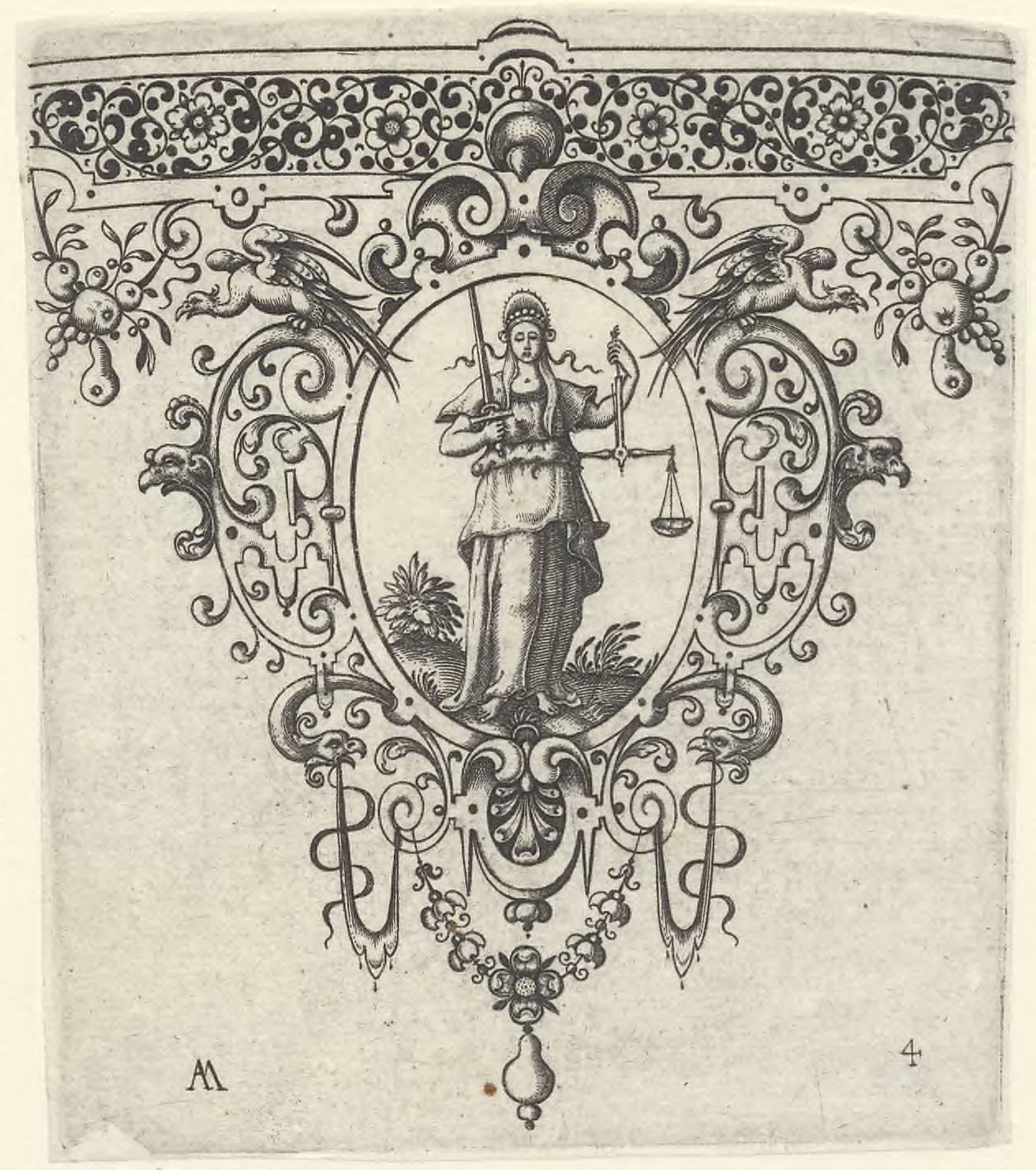 Border ornaments with the seven virtues: A border ornament with Justitia surrounded by guirlandes