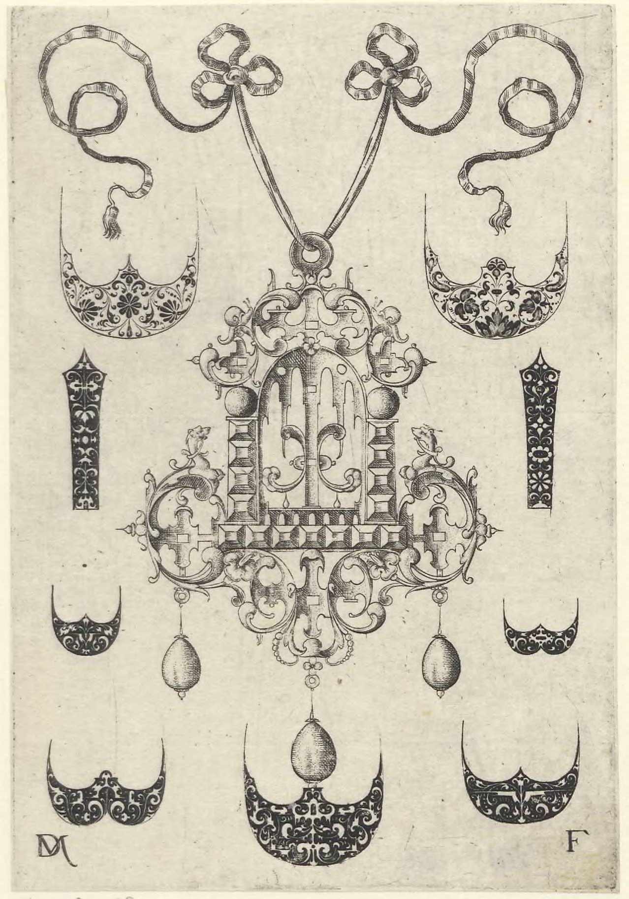 Ornamental pendants: Pendant surrounded by seven shields and two ornamental bands