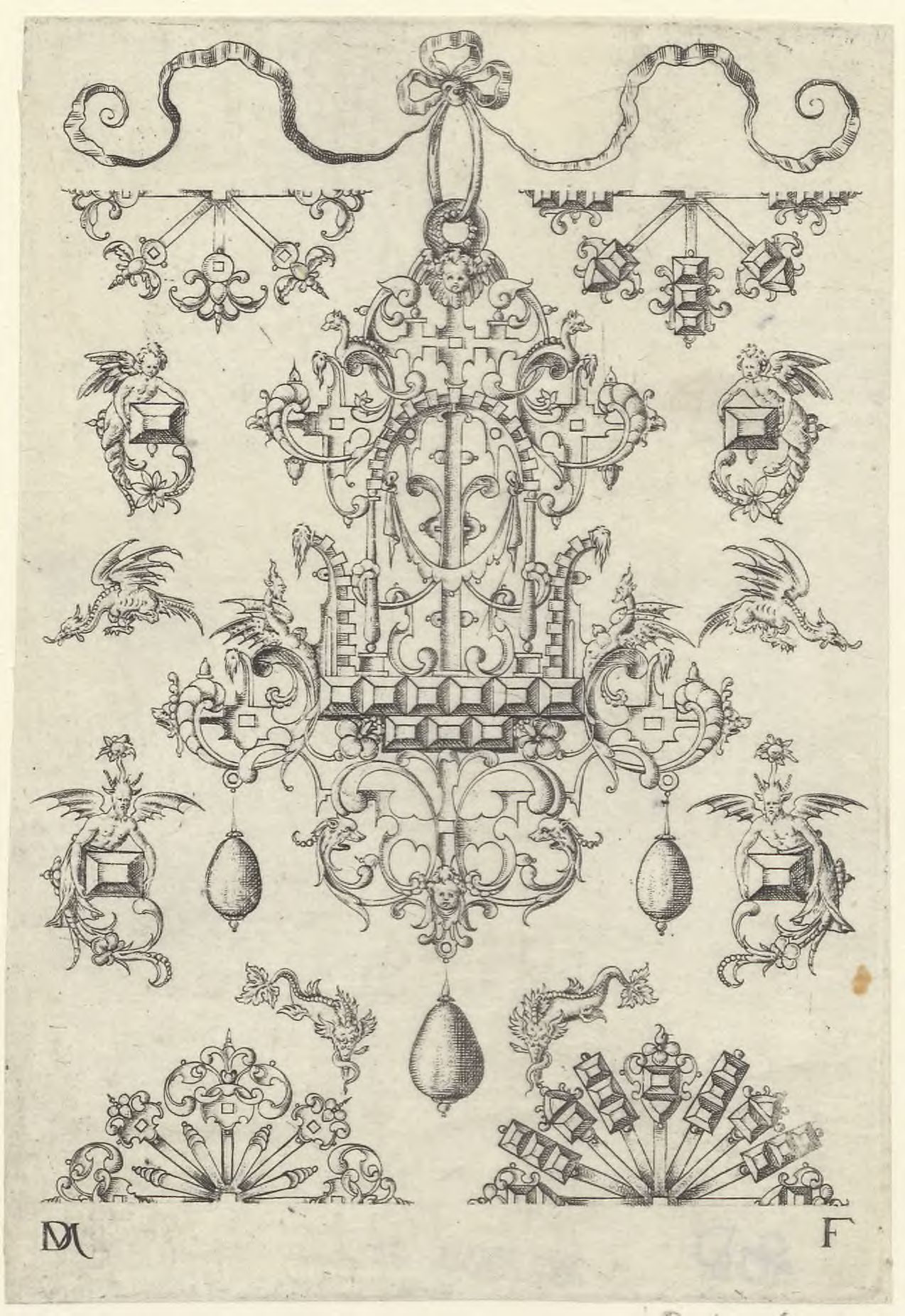 Different ornamental designs: Large pendant surrounded by ten different studs