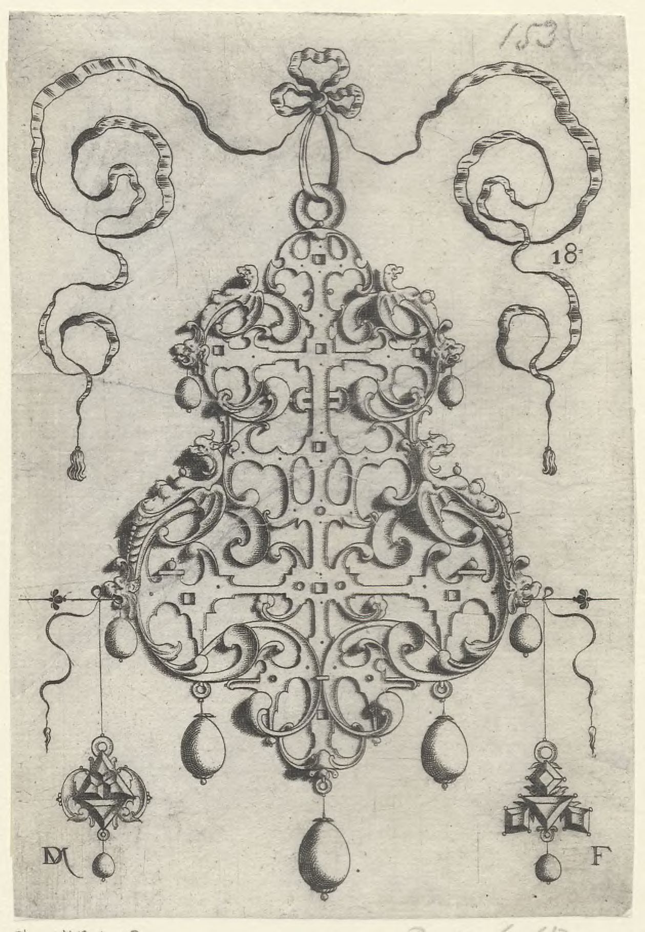 Strapwork pendants: Strapwork pendant with seven drops, lower left and right two earrings