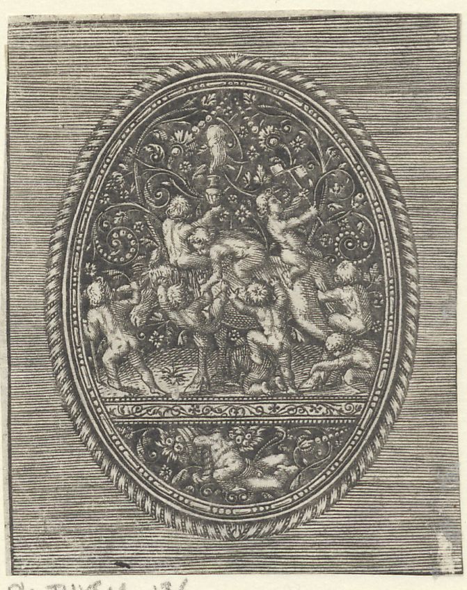 Blackwork ornament with putti teasing a goat