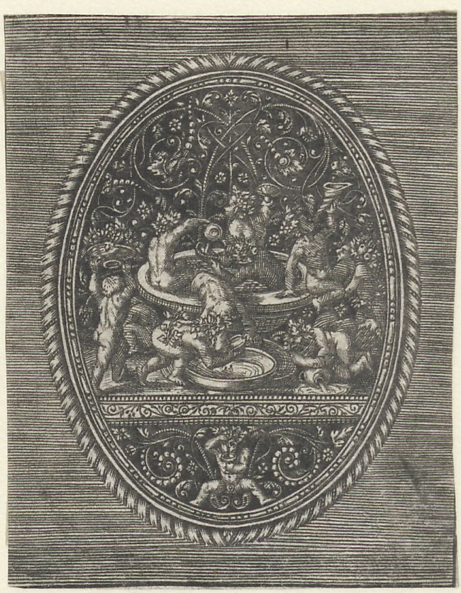 Blackwork ornament with putti surrounding a fountain