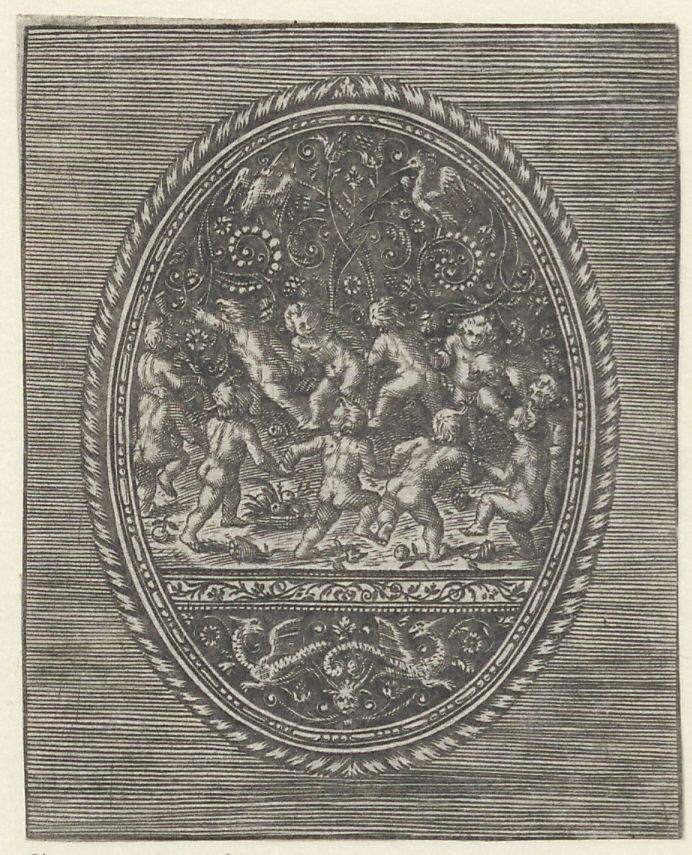 Blackwork ornament with putti dancing in a circle