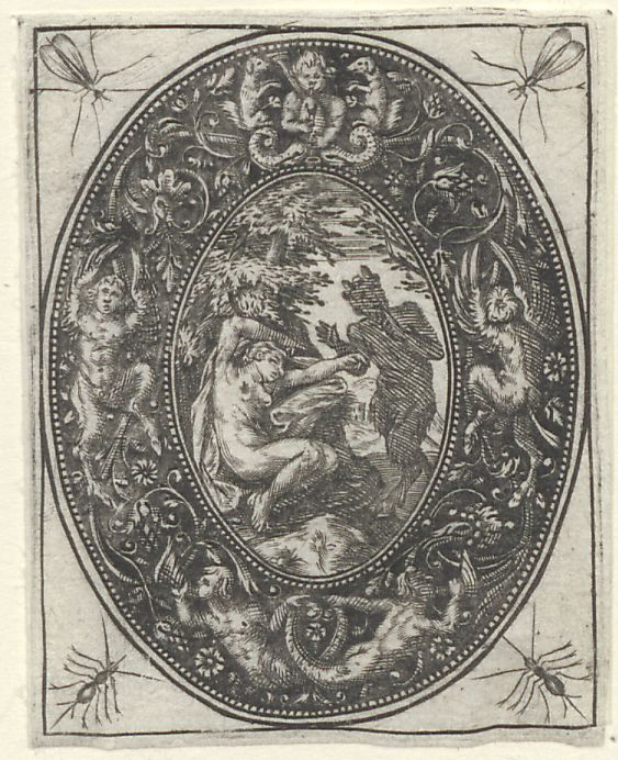 Blackwork ornament with a satyr and a sleeping nymph