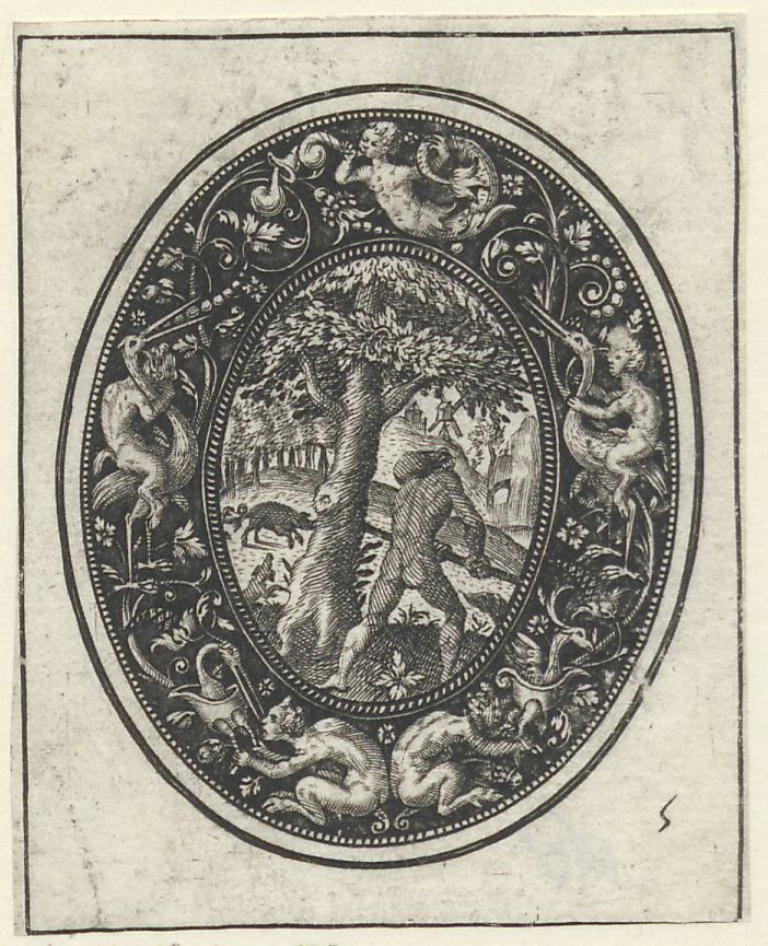 Blackwork ornaments with the story of Adonis: Adonis hunting for boars