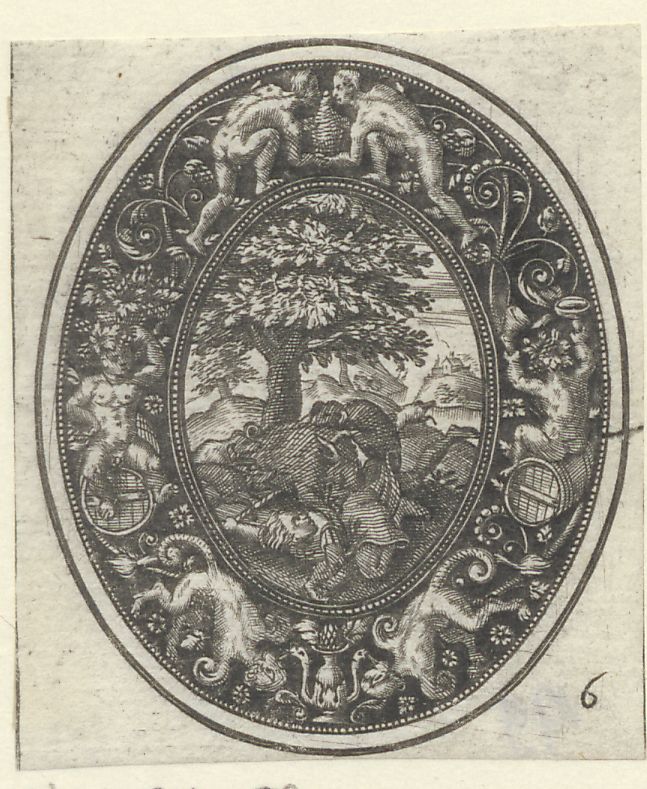 Blackwork ornaments with the story of Adonis: Adonis attacked by boars