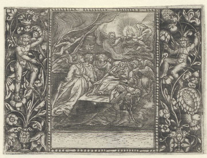 The deathbed of Mary between two blackwork ornaments