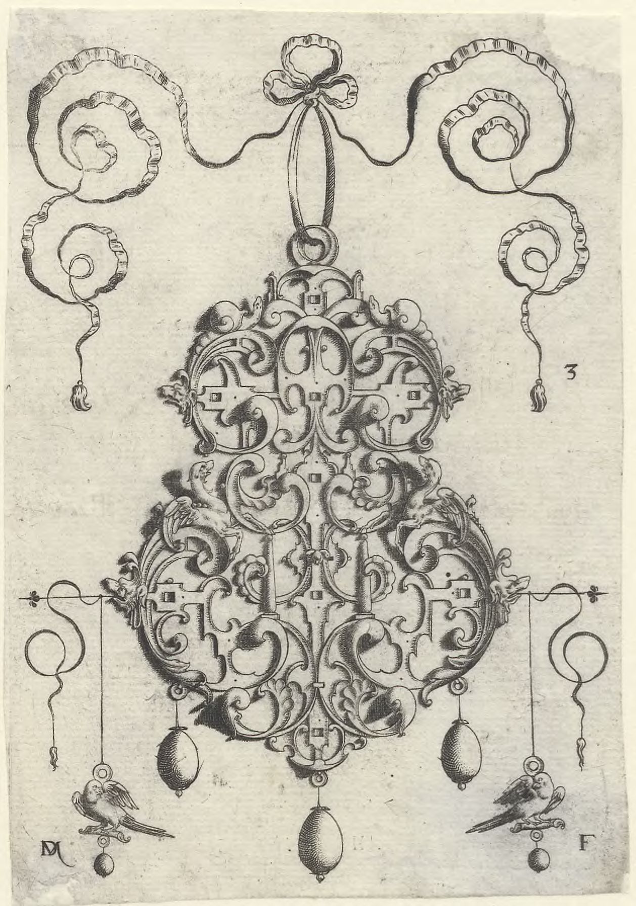 Strapwork pendants: Strapwork pendant, below left and right, as earrings, two birds