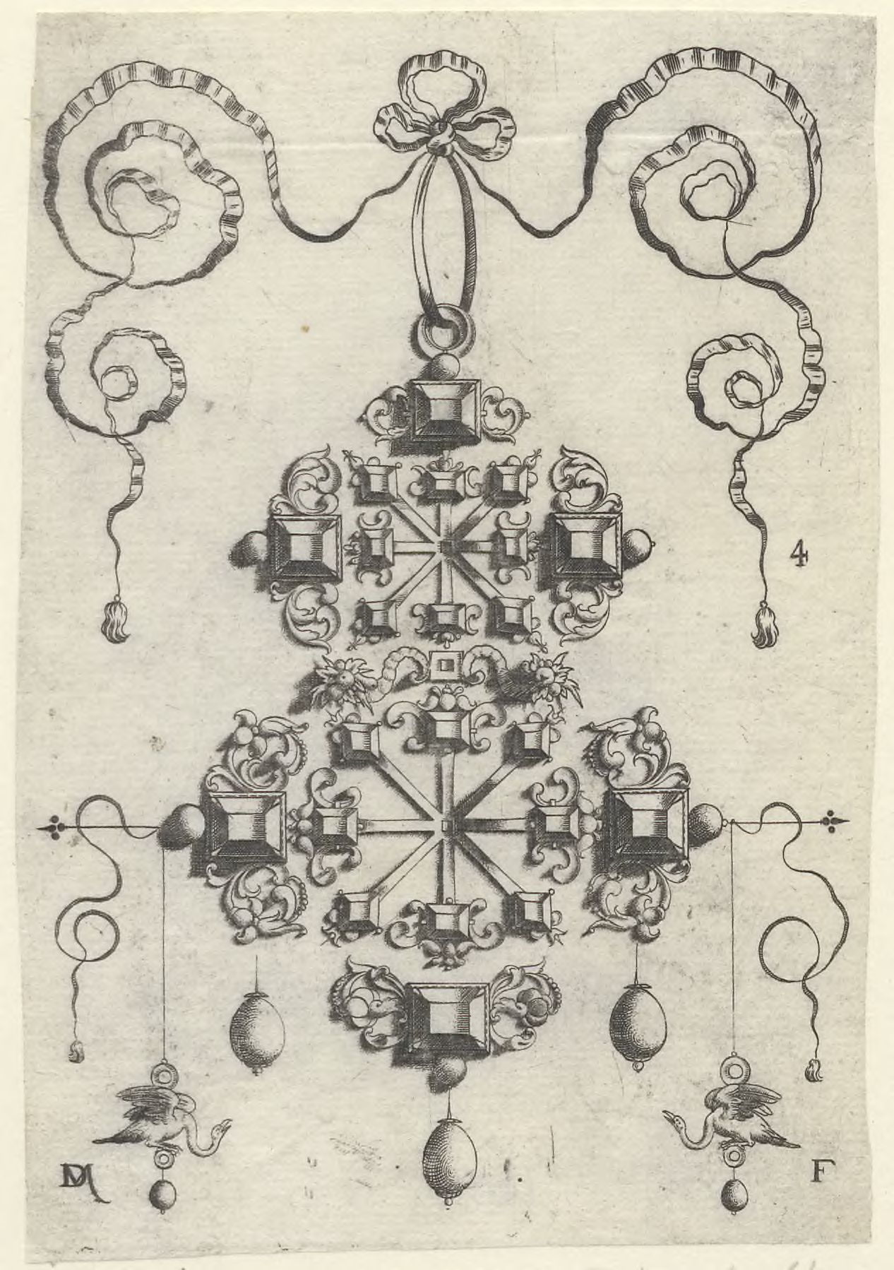 Pendants in the form of wheels, stars and crosses: Large pendant with two double crosses, surrounded by six large and sixteen small table-stones
