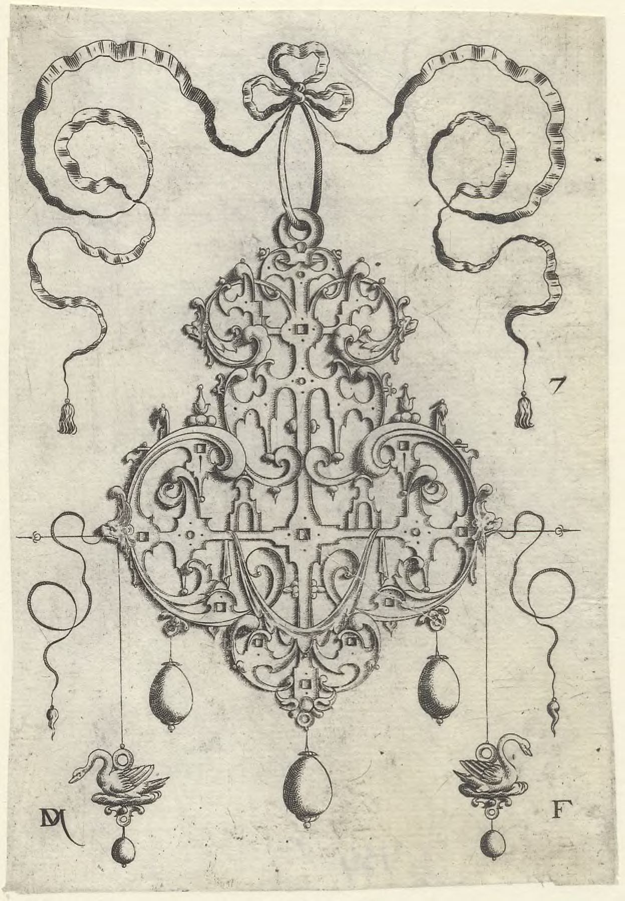 Strapwork pendants: Strapwork pendant, lower left and right, as earrings, two swans