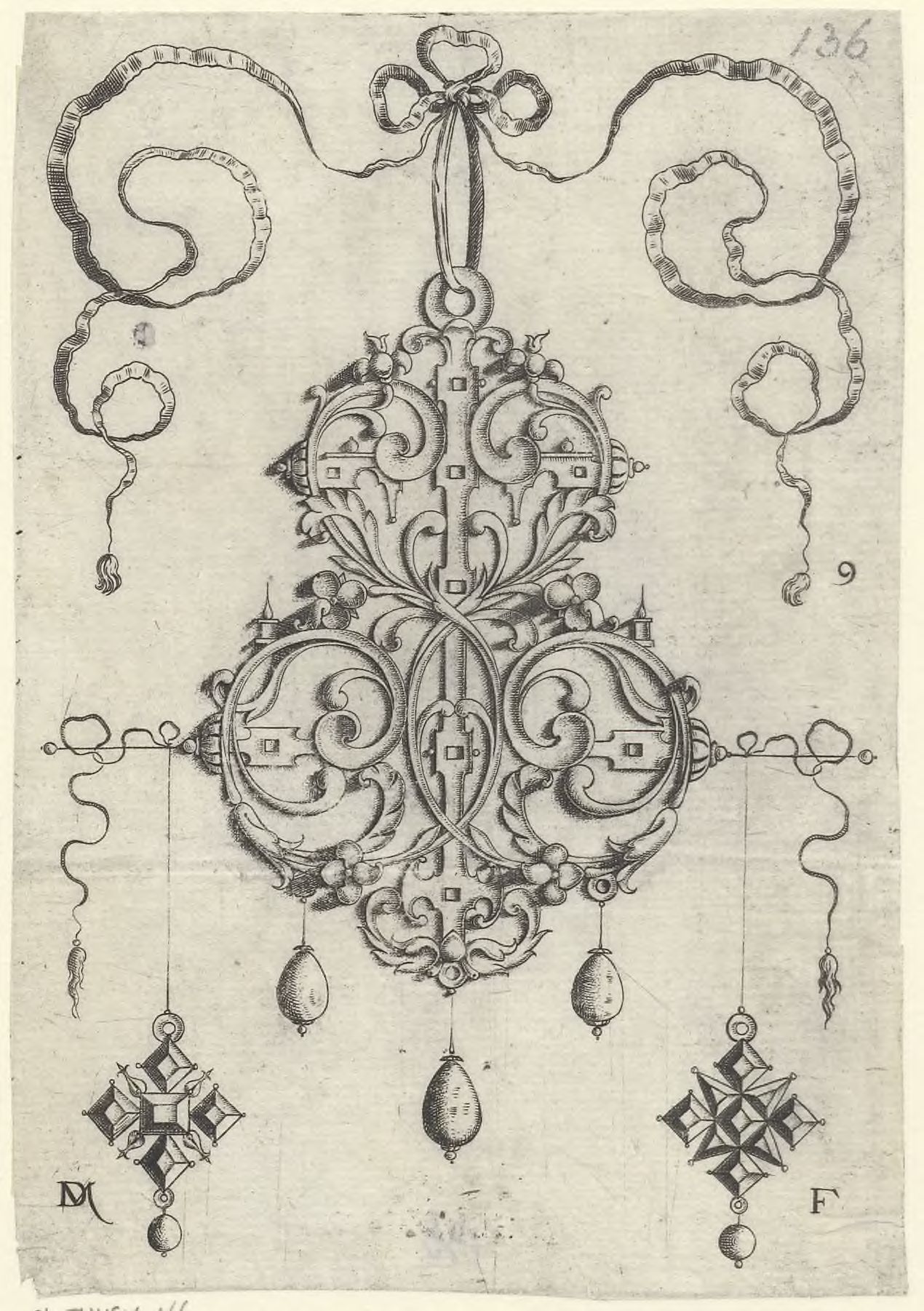 Strapwork pendants: Strapwork pendant with three drops, lower left and right, as earrings, two pendants in the form of a cross