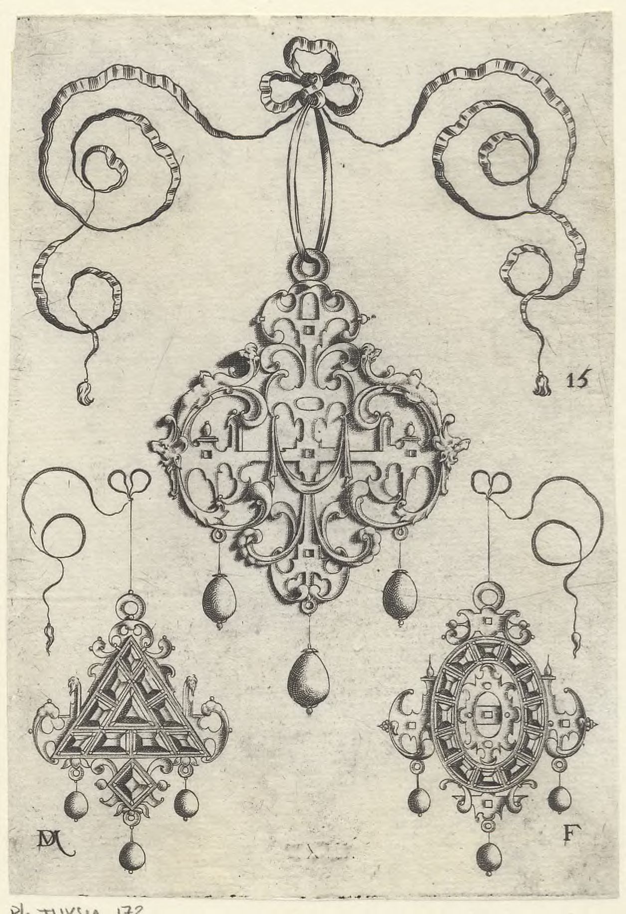 Strapwork pendants: Three strapwork pendants, the lower ones triangular and oval