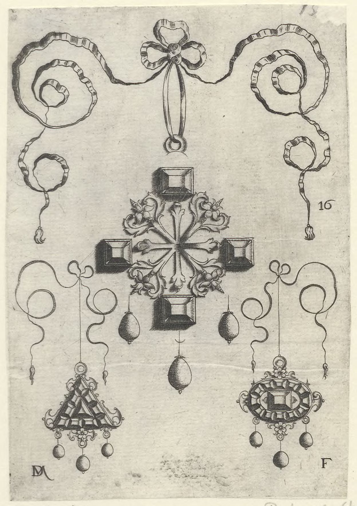 Pendants in the form of wheels, stars and crosses: Pendant with a cross at the center, surrounded by four table-stones