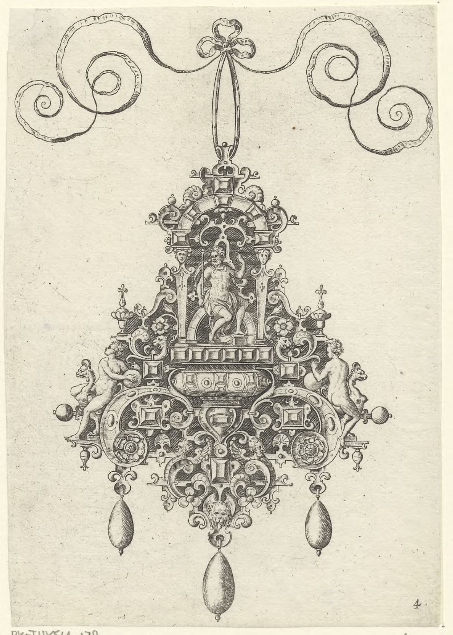 Designs for pendants: Mars seated beneath an arch