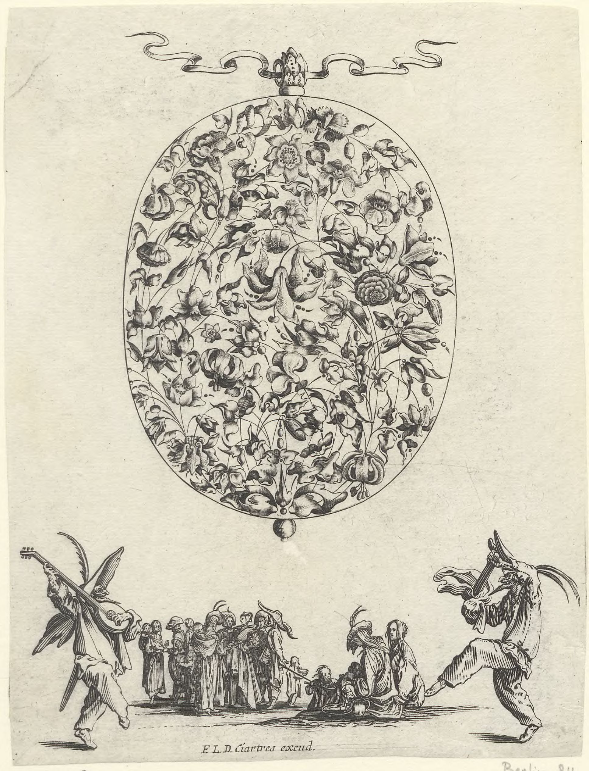 Bouquets for gold- and silversmiths: Bouquet with flowers in a medallion above a group of figures
