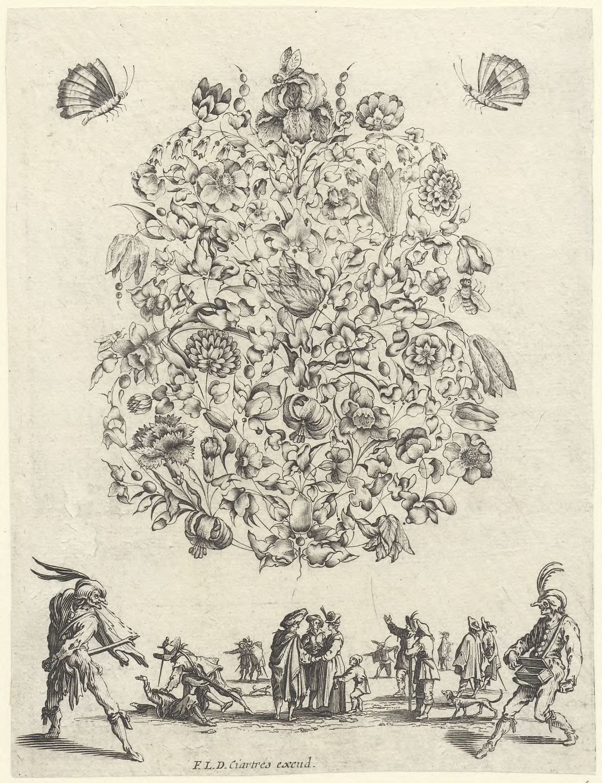 Bouquets for gold- and silversmiths: Bouquet with flowers and butterflies above fighting figures