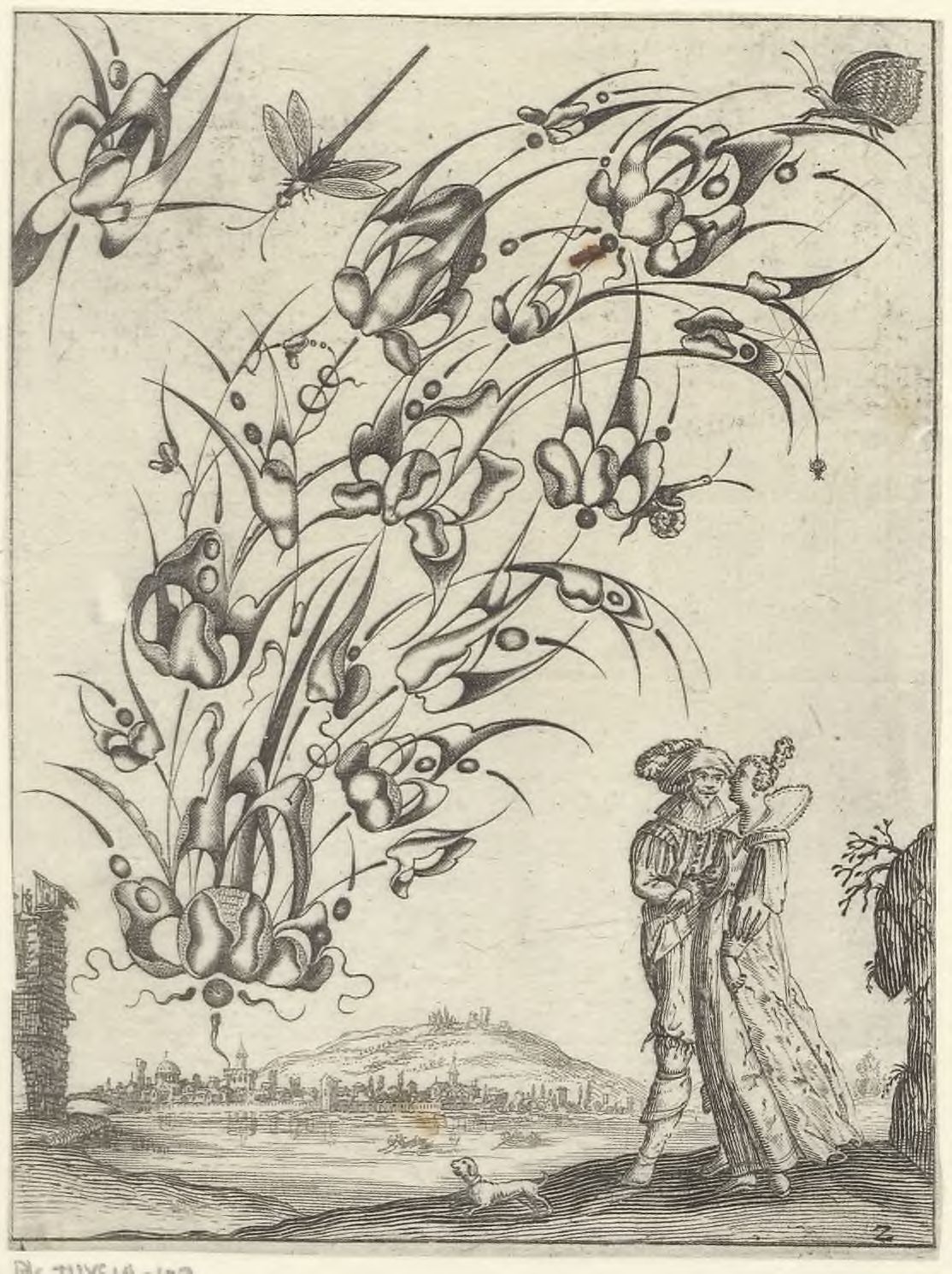 Stylized bouquets: A bouquet with insects above a landscape with a courting couple