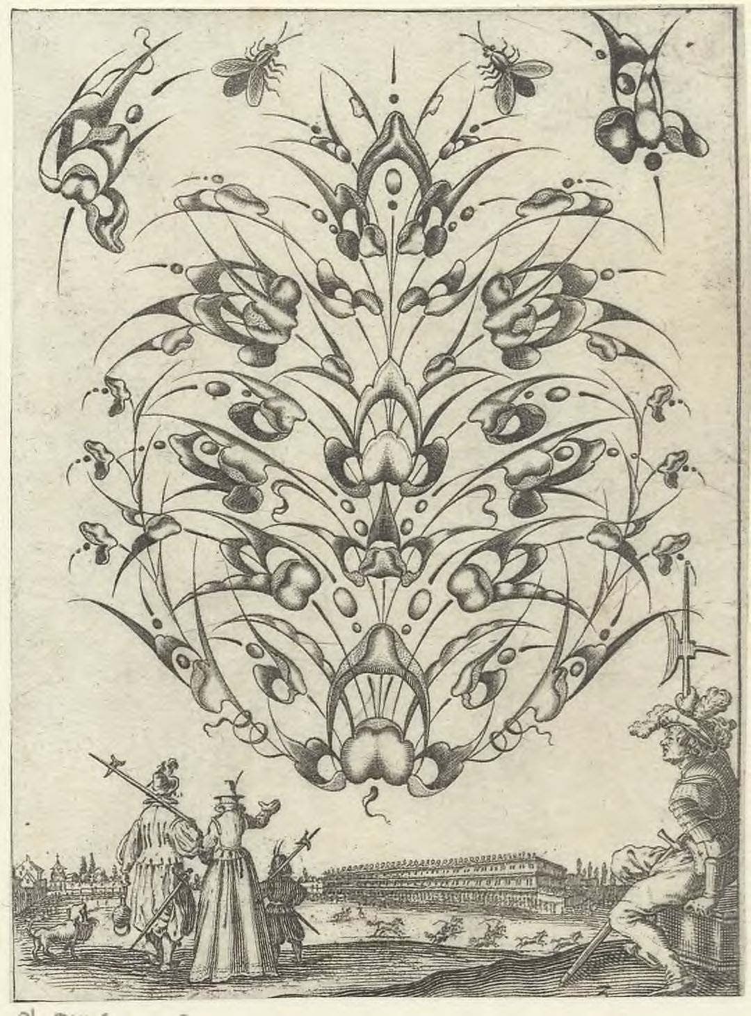 Stylized bouquets: A bouquet with insects above figures with halberds