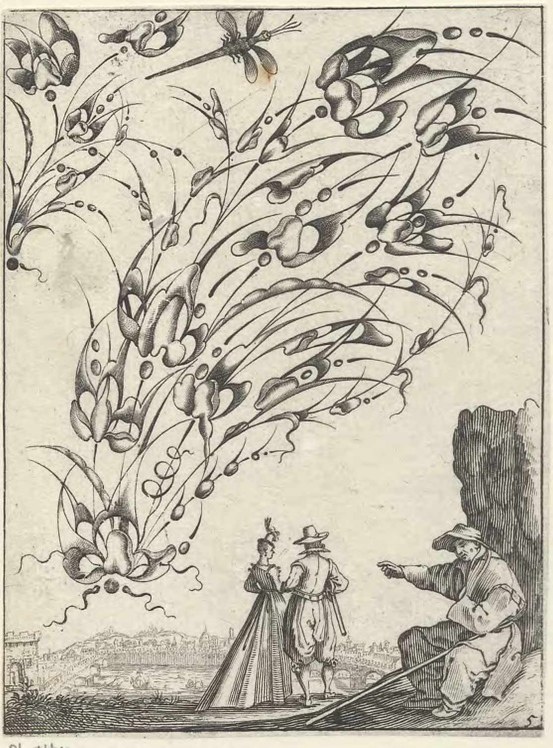 Stylized bouquets: A bouquet with a dragonfly above figures in a landscape