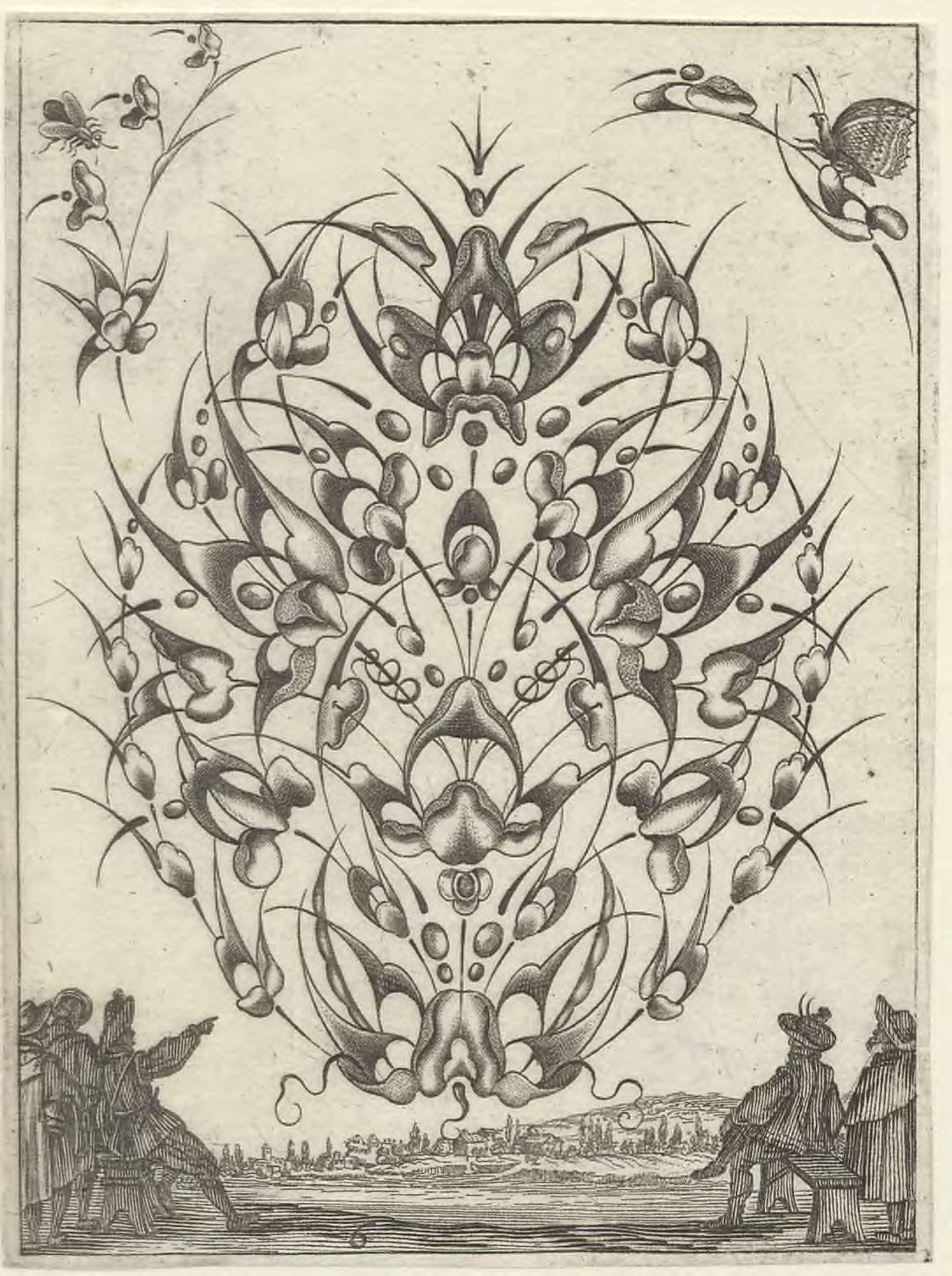 Stylized bouquets: A bouquet above a landscape with figures