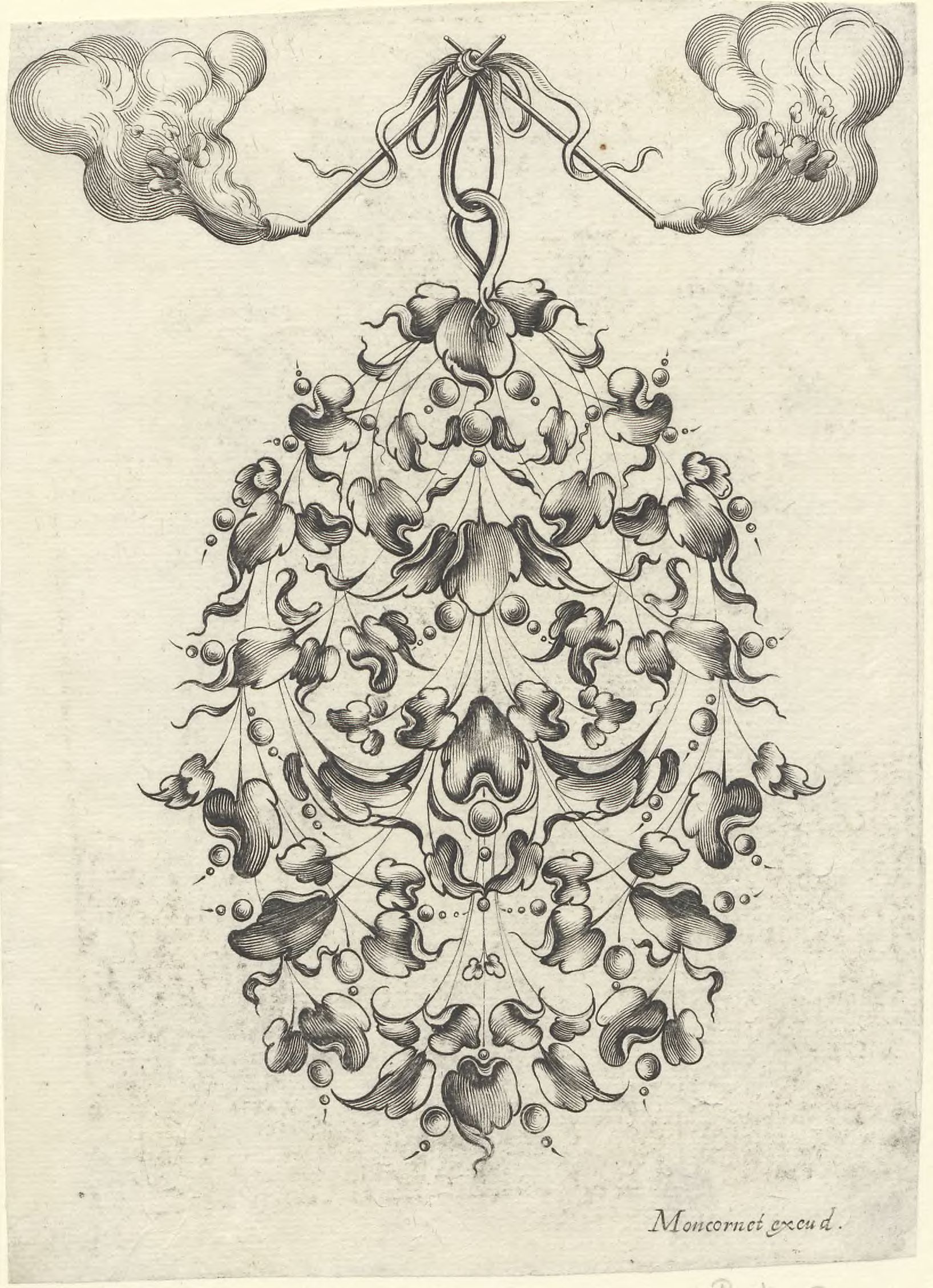 Stylized flowers and leafs: A medallion of stylized flowers hanging from two smoking pipes