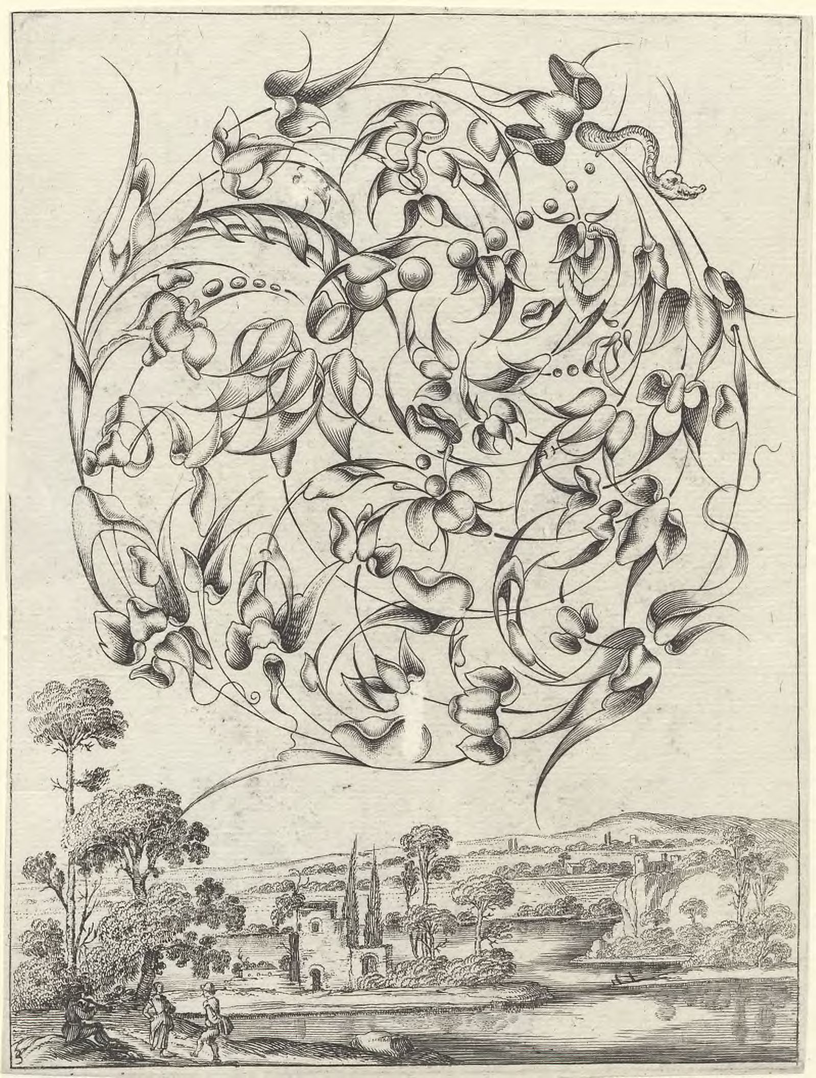 Stylized bouquets in landscapes: A round bouquet in a landscape with figures