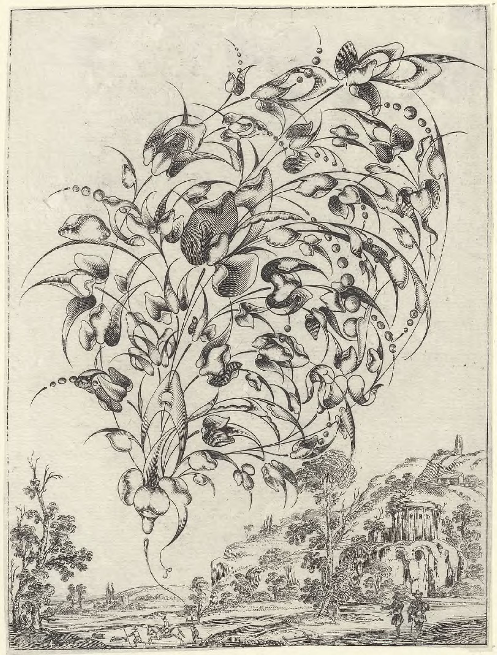 Stylized bouquets in landscapes: A bouquet in a landscape with a temple and figures