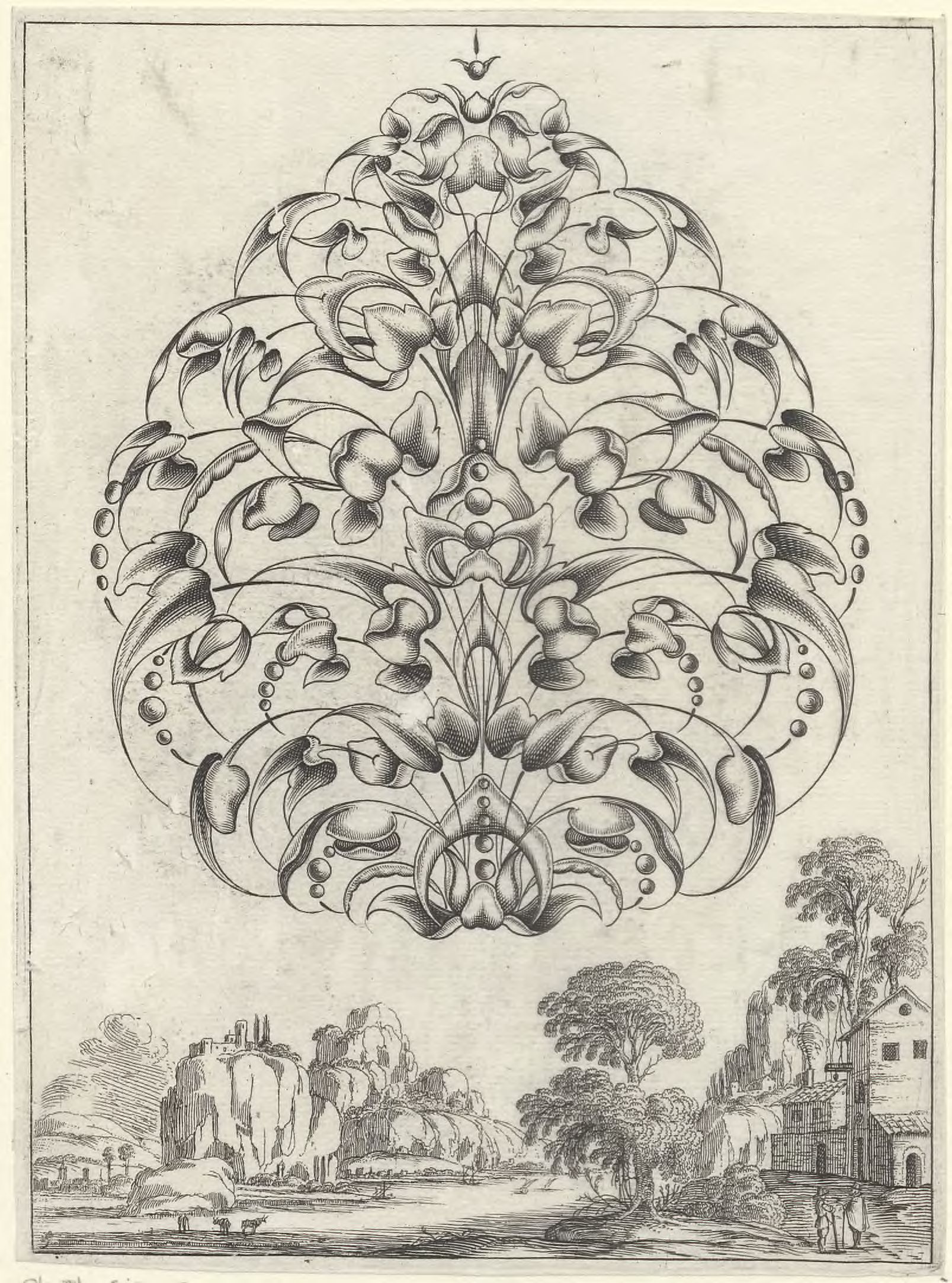 Stylized bouquets in landscapes: A bouquet in a landscape with rocks and figures