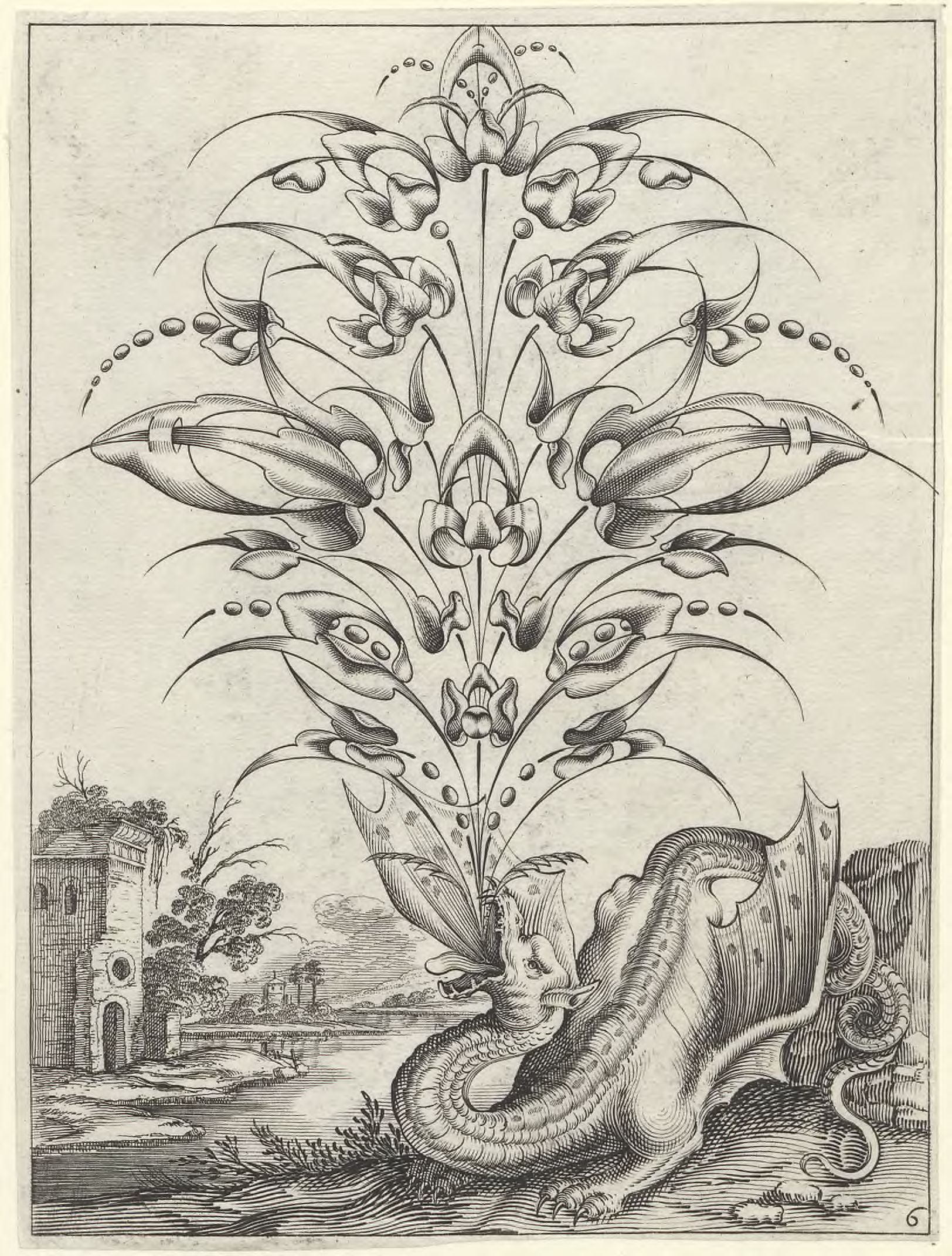 Stylized bouquets in landscapes: A bouquet sprouting from the mouth of a dragon