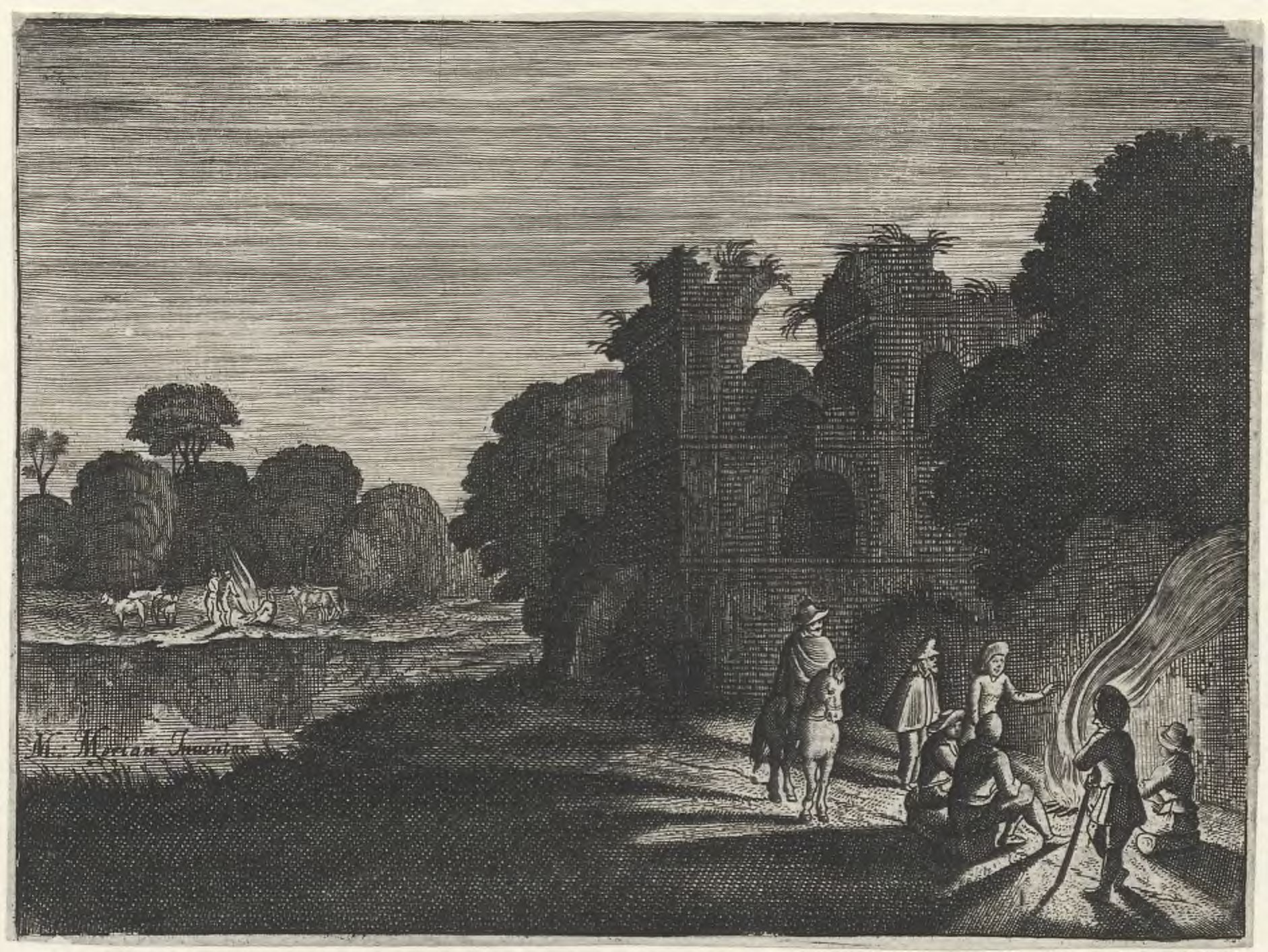 Landscape by night with figures surrounding a campfire near a ruin