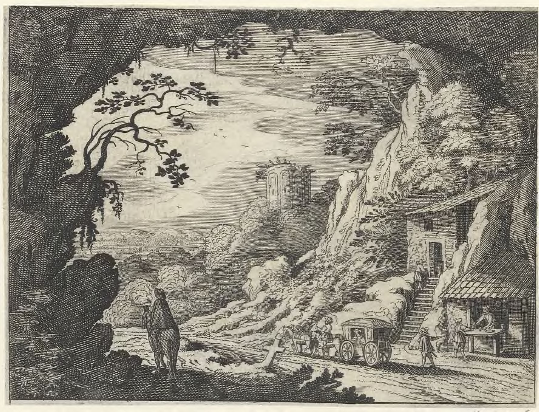 Mountainscape with travelers and a roadside vendor