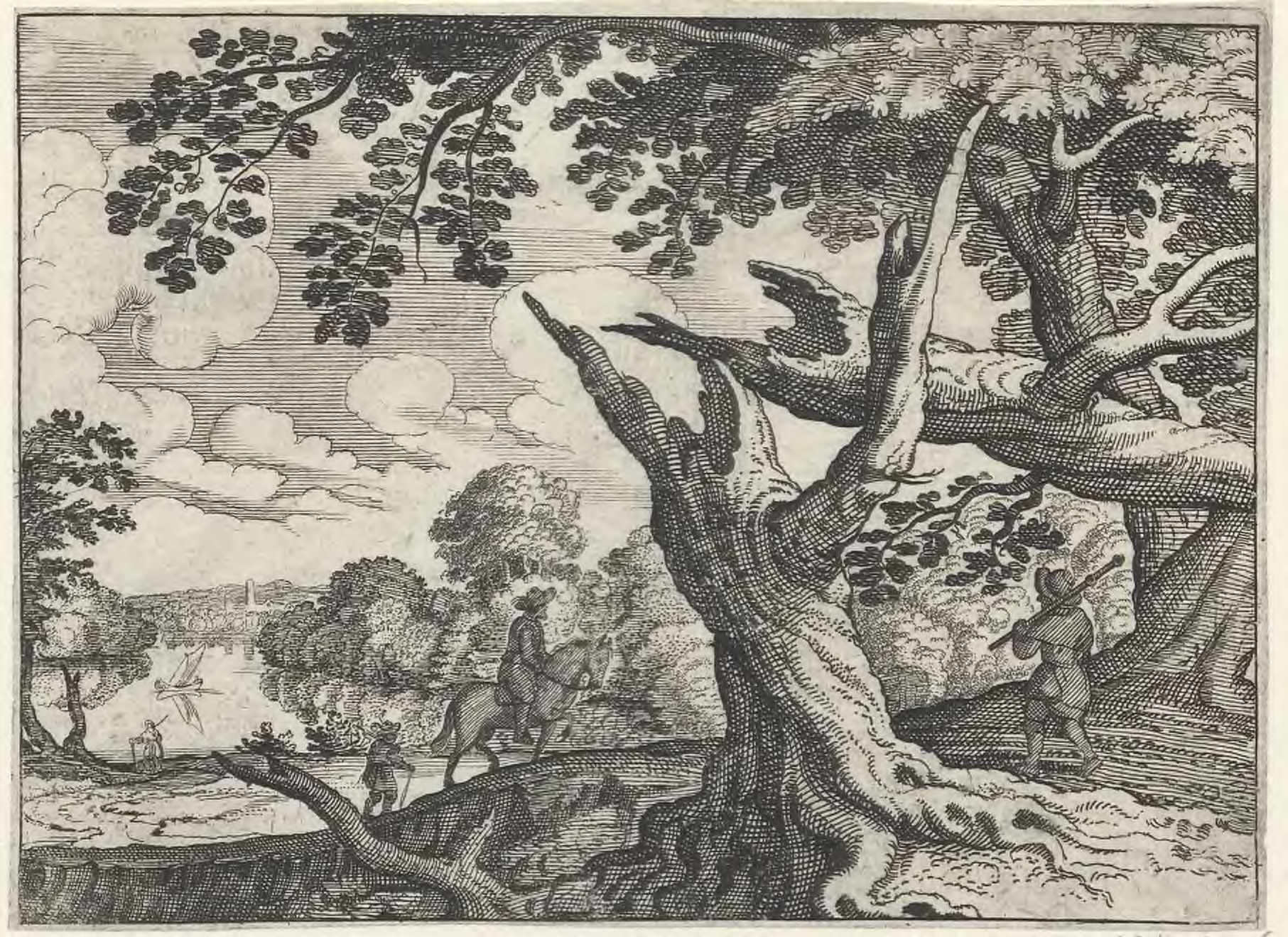 Landscape with travelers crossing paths in the forest