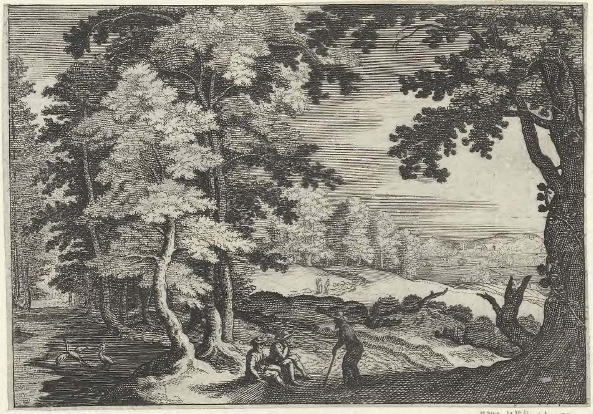Landscape with resting travelers and two waterbirds in a pond