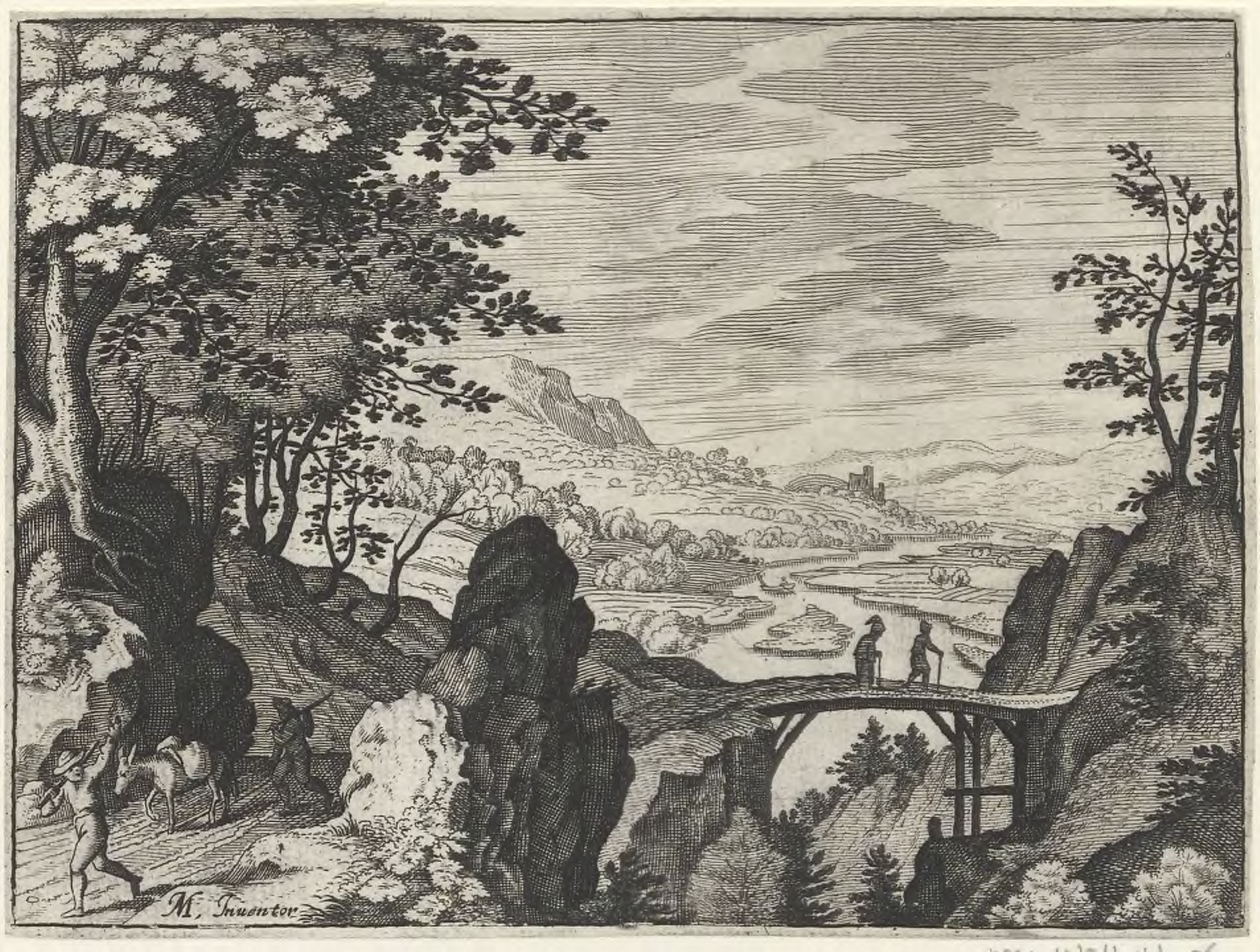 Landscape with two travelers crossing a bridge