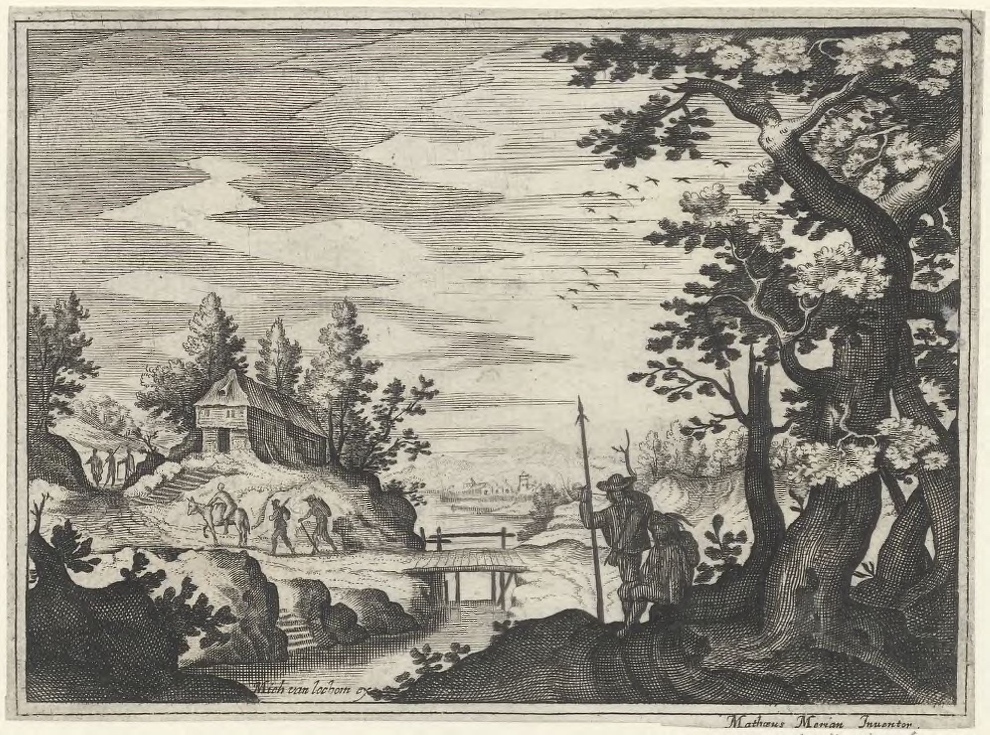 Landscape with two travelers resting alongside a river