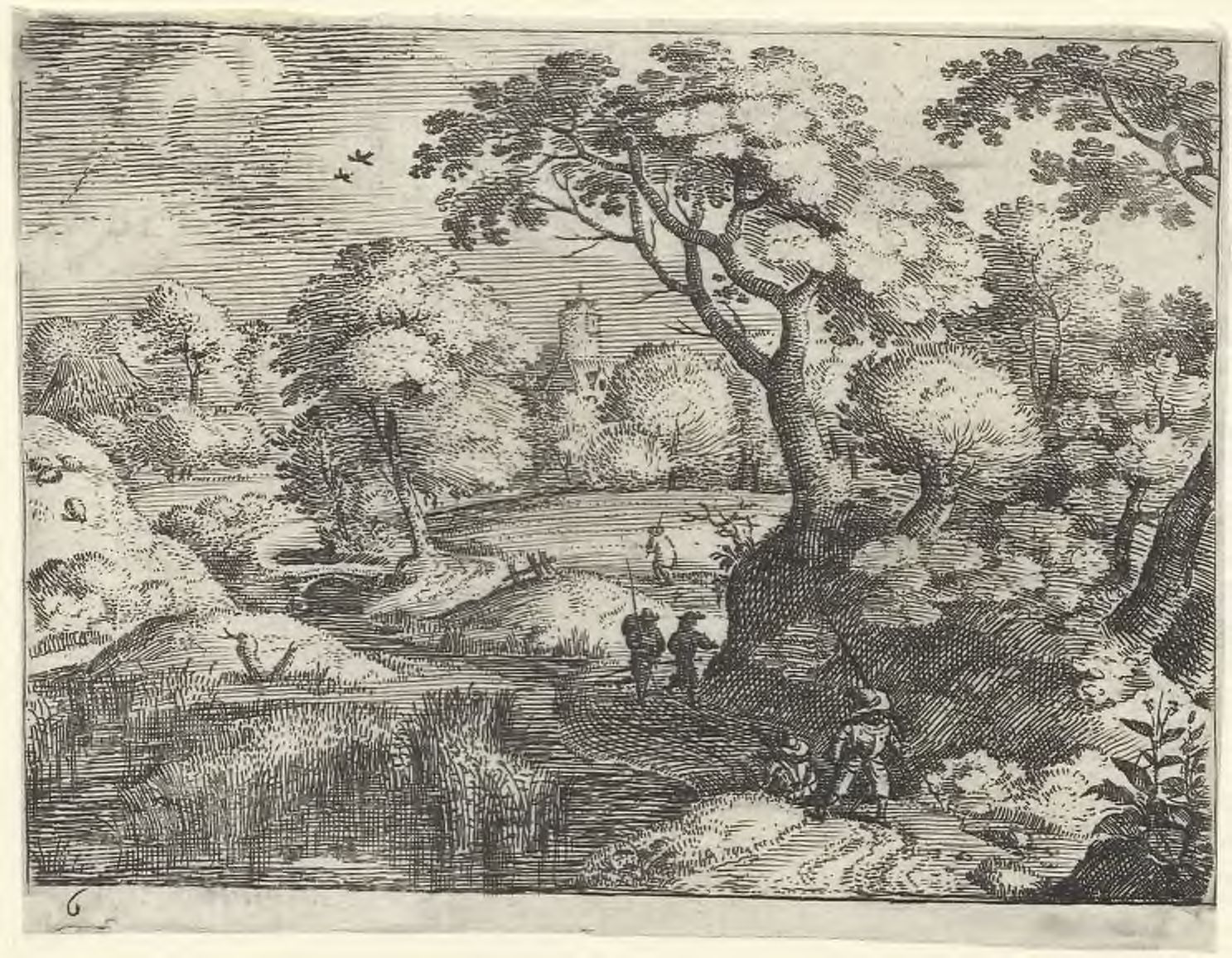 Six landscapes with travelers: Travelers en route on a small country road