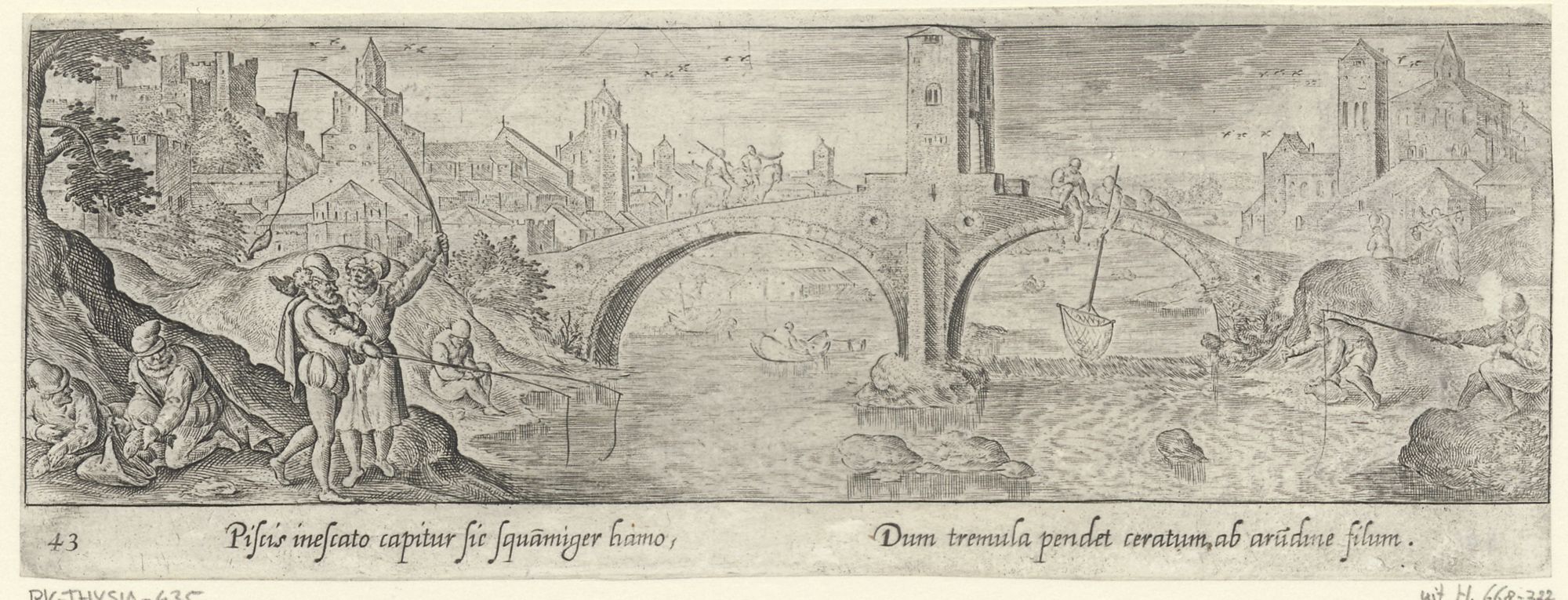 Venationis, piscationis, et aucupii typi: Fishing near a city