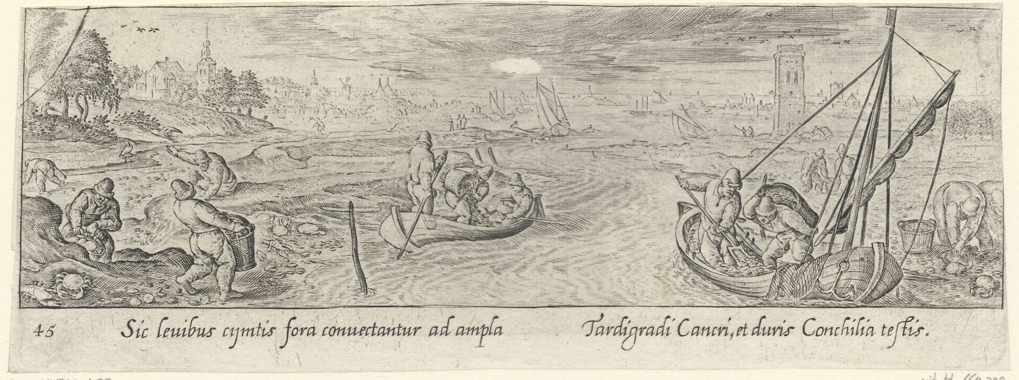 Venationis, piscationis, et aucupii typi: Crab fishing and mussel gathering