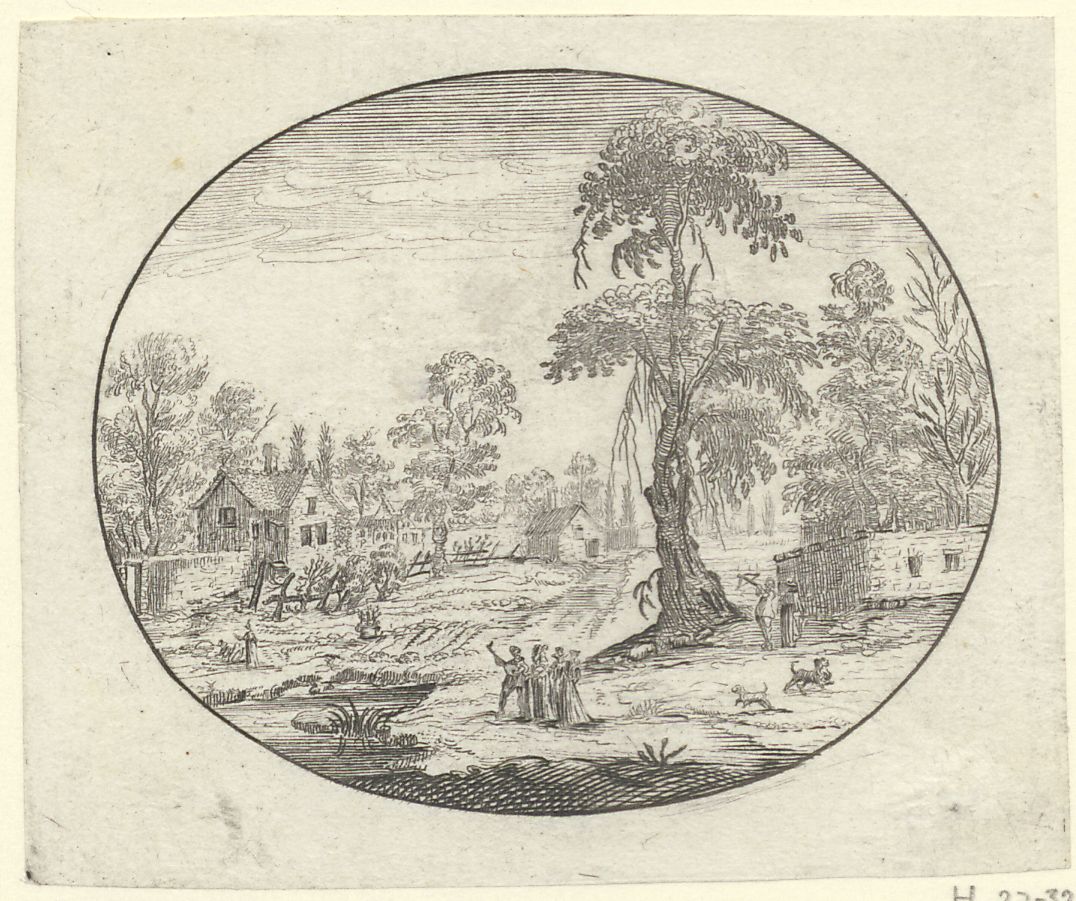 Landscapes in ovals: Figures playing music near a tree