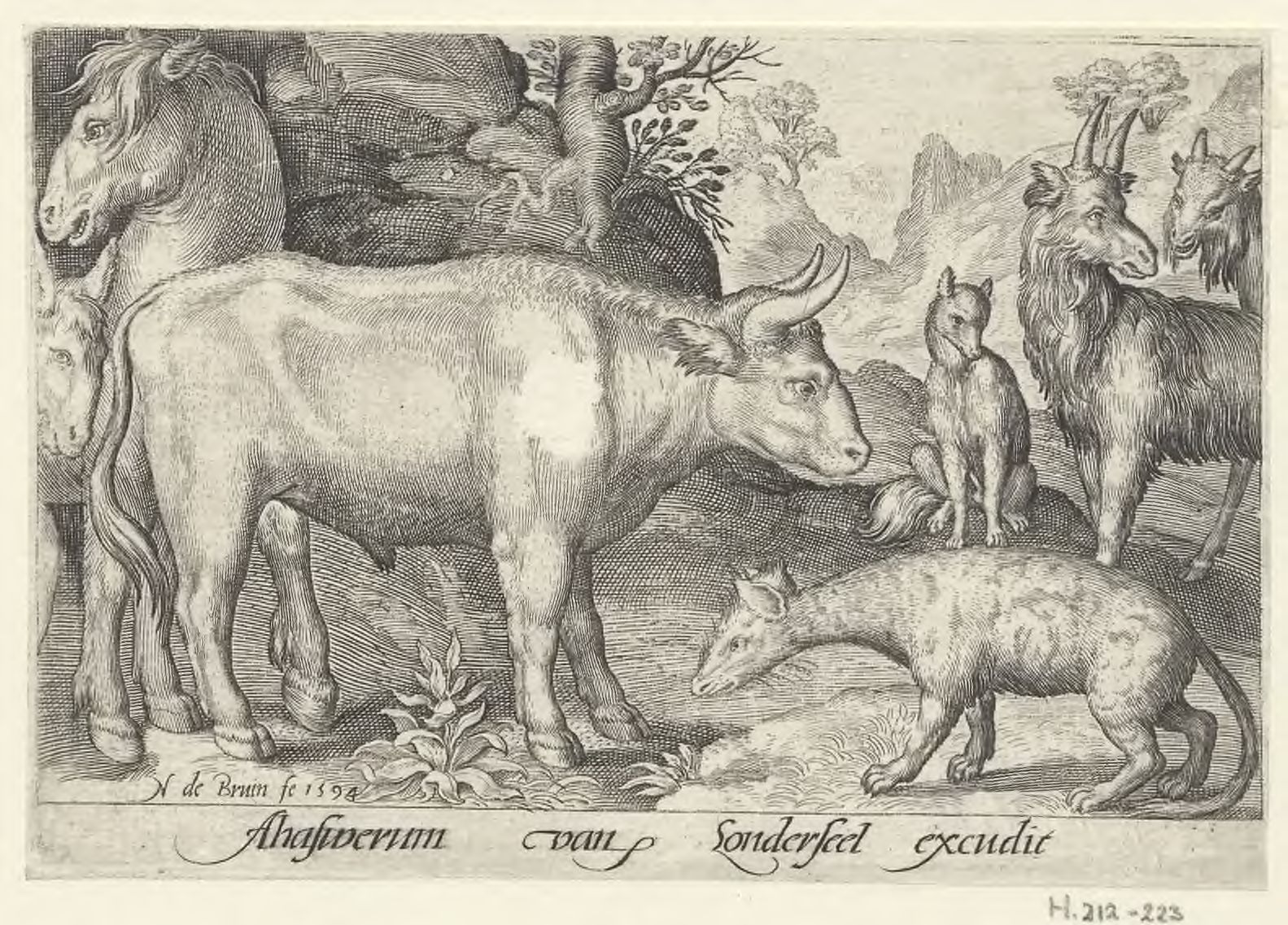 Animalium quadrupedum: a bull, a horse, a fox, several goats and a hyena